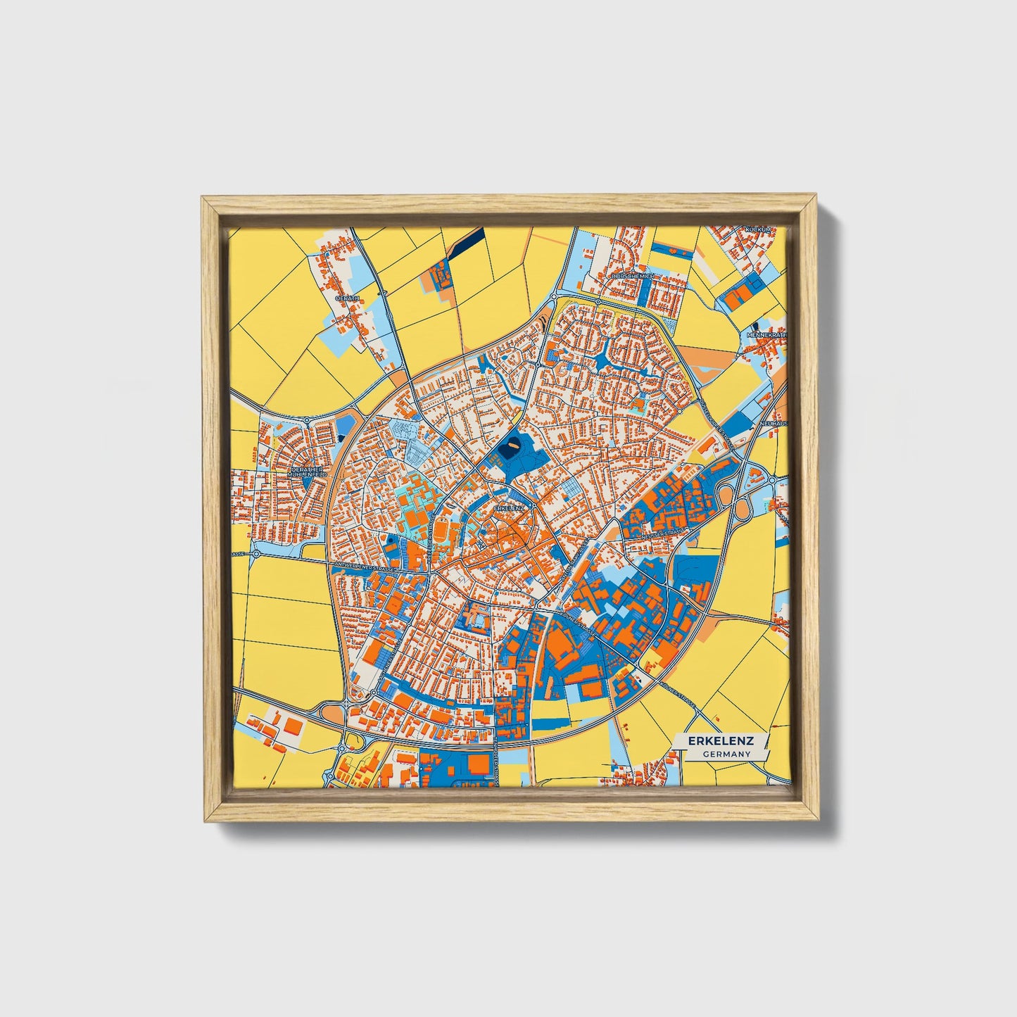 Erkelenz Germany Colorful City Map Canvas Print • Natural Wooden Framed