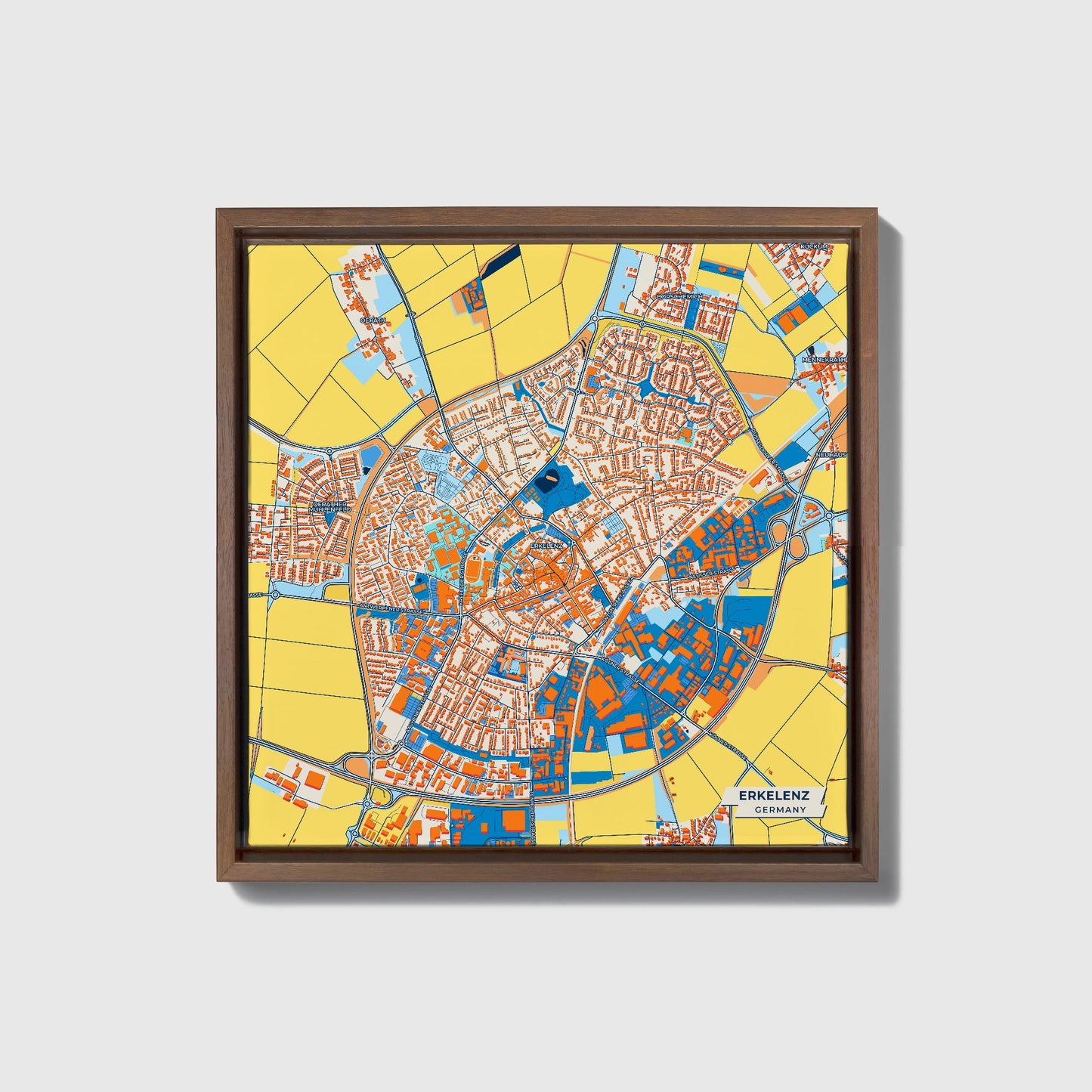 Erkelenz Germany Colorful City Map Canvas Print • Dark Wooden Framed