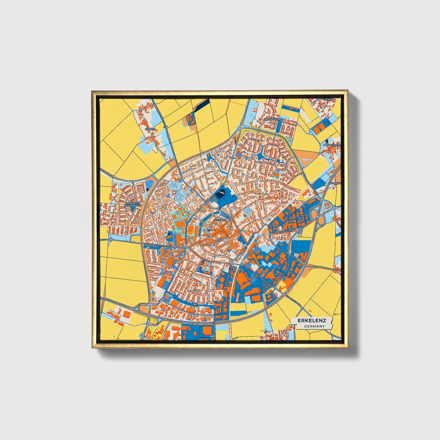 Erkelenz Germany Colorful City Map Canvas Print • Gold Framed