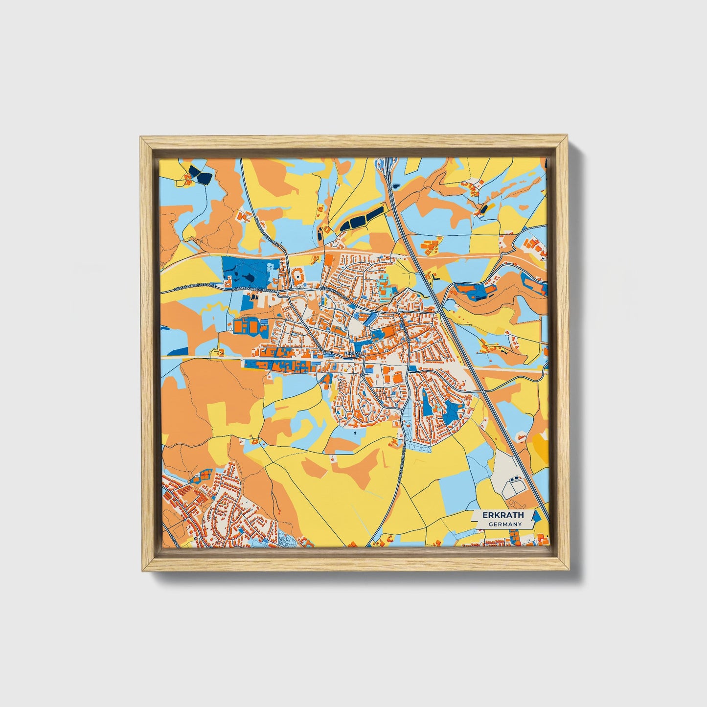 Erkrath Germany Colorful City Map Canvas Print • Natural Wooden Framed