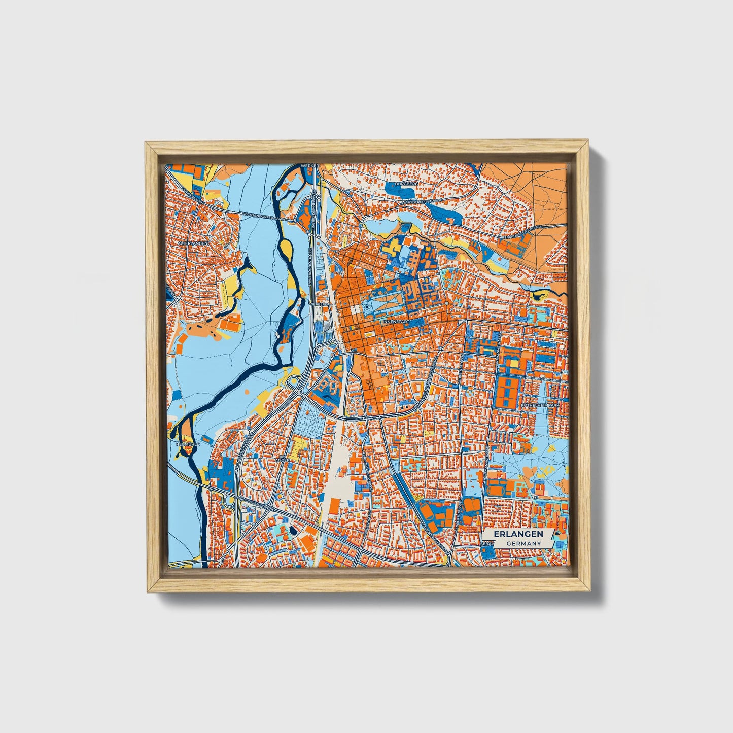 Erlangen Germany Colorful City Map Canvas Print • Natural Wooden Framed