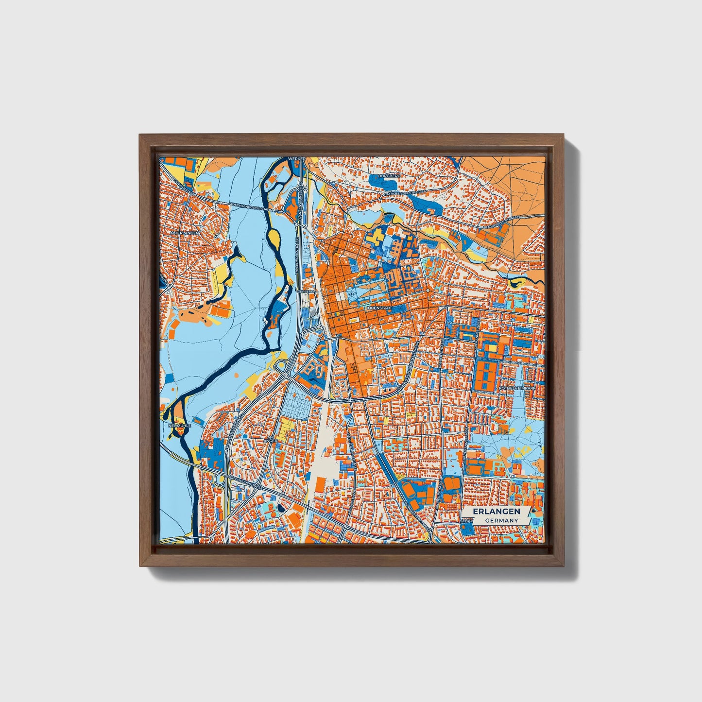 Erlangen Germany Colorful City Map Canvas Print • Dark Wooden Framed