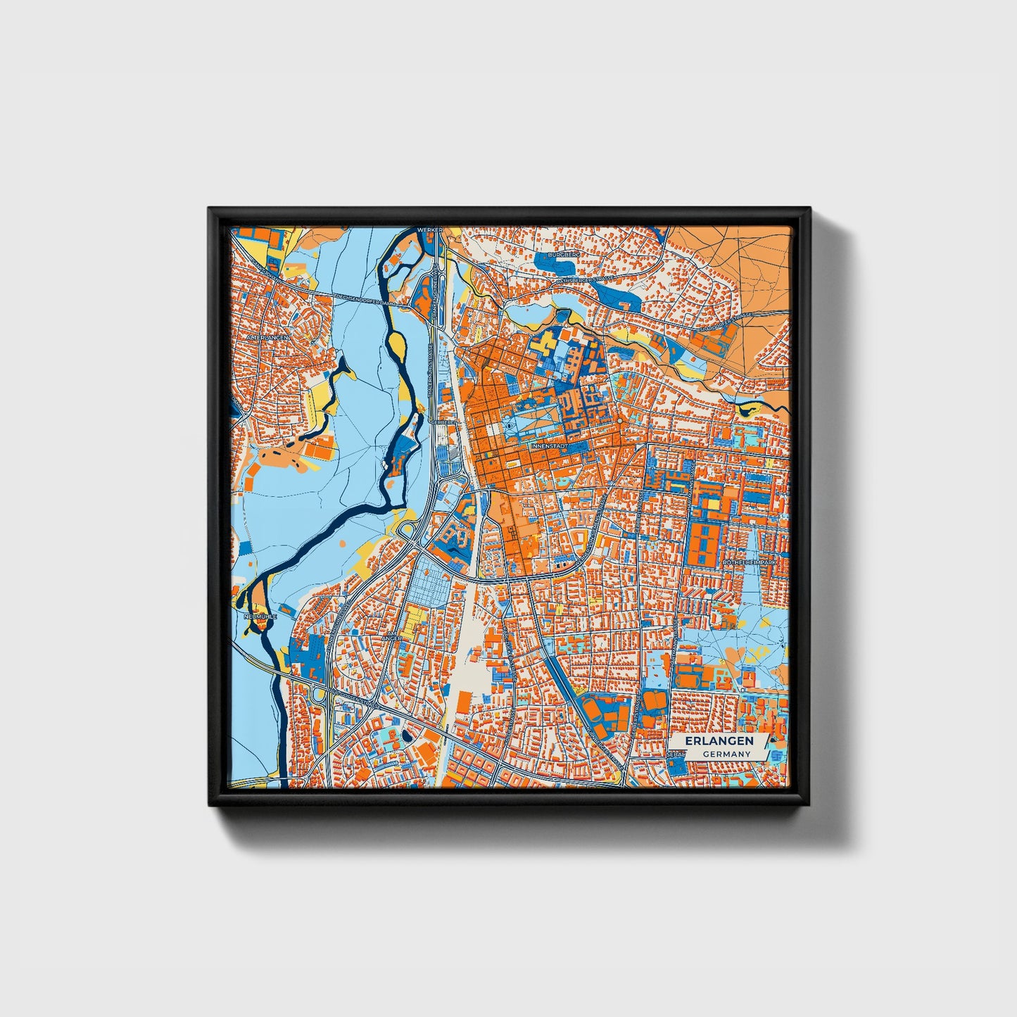 Erlangen Germany Colorful City Map Canvas Print • Black Framed