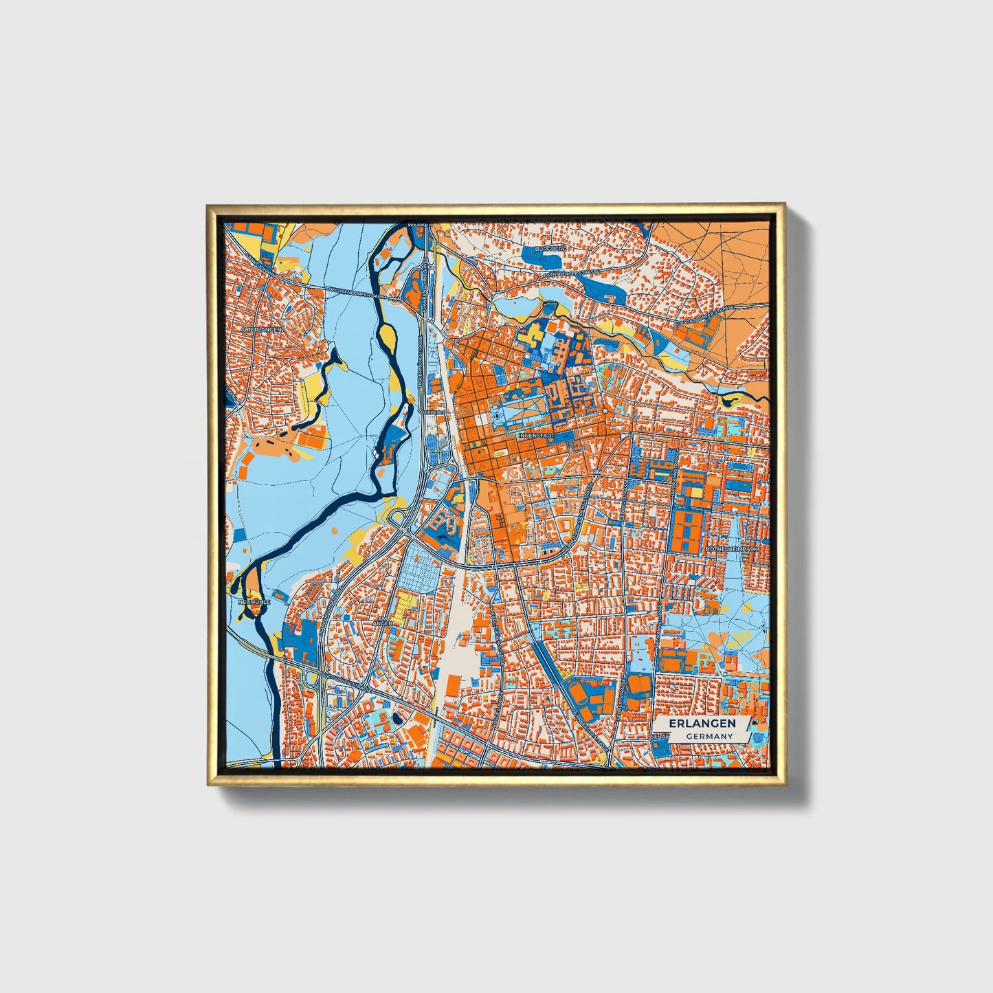 Erlangen Germany Colorful City Map Canvas Print • Gold Framed