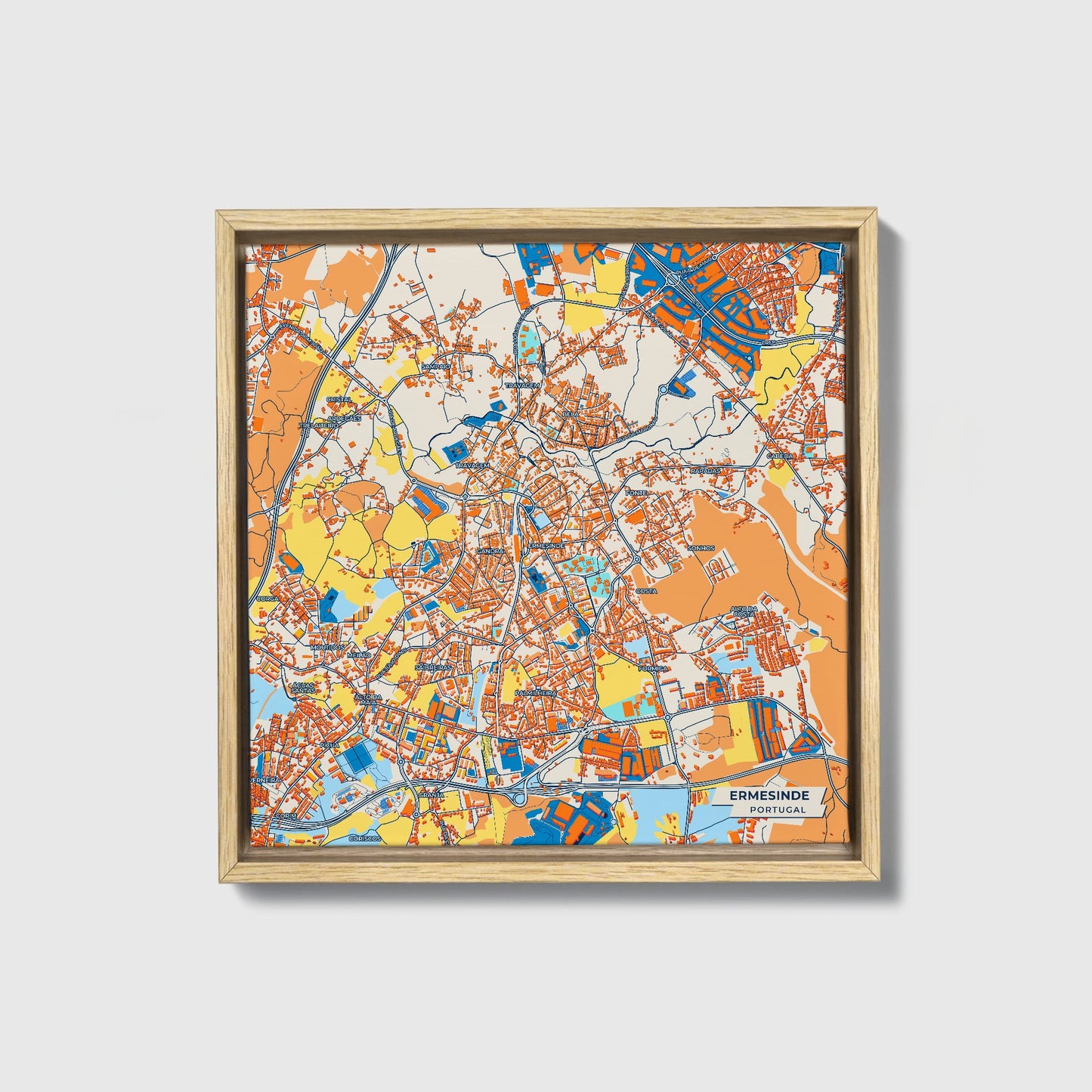Ermesinde Portugal Colorful City Map Canvas Print • Natural Wooden Framed