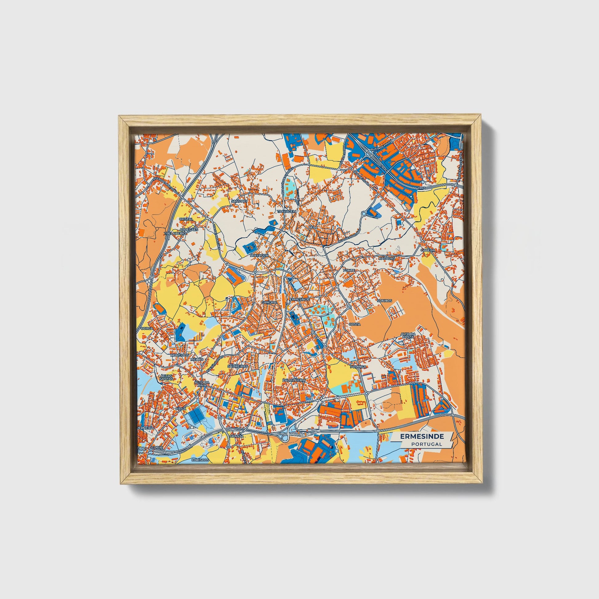 Ermesinde Portugal Colorful City Map Canvas Print • Natural Wooden Framed