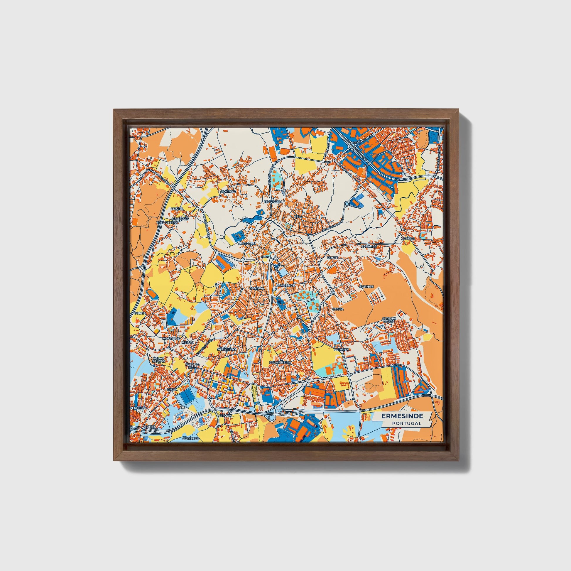 Ermesinde Portugal Colorful City Map Canvas Print • Dark Wooden Framed