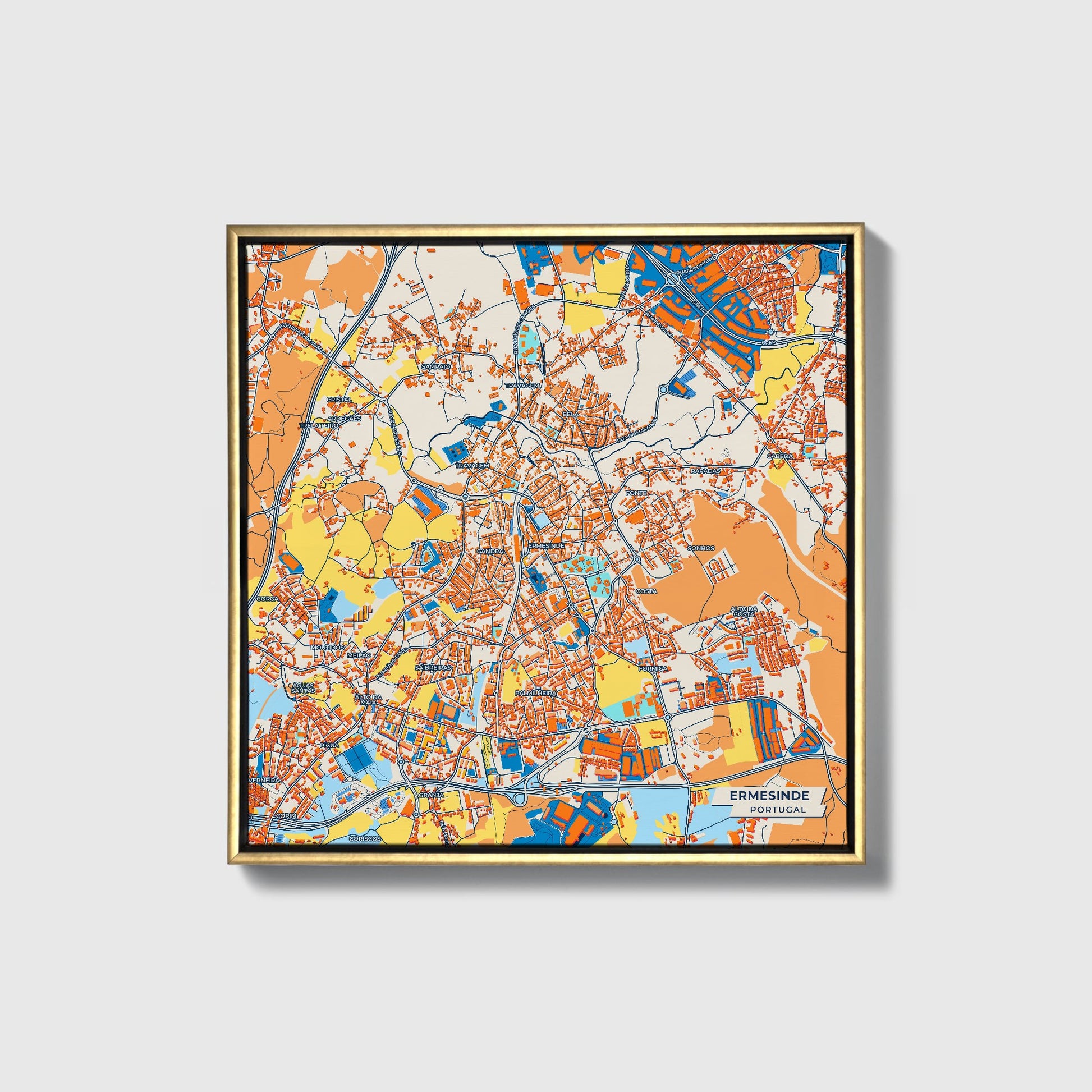 Ermesinde Portugal Colorful City Map Canvas Print • Gold Framed
