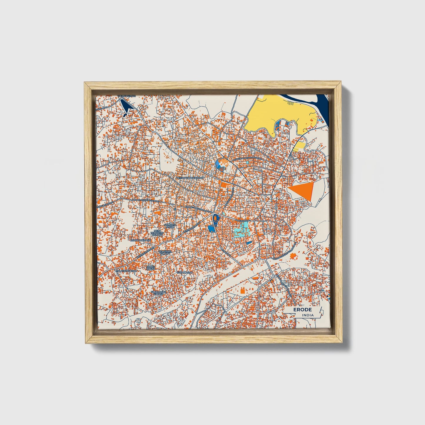 Erode India Colorful City Map Canvas Print • Natural Wooden Framed