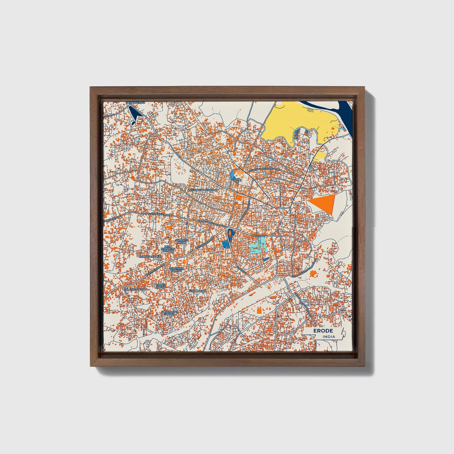 Erode India Colorful City Map Canvas Print • Dark Wooden Framed
