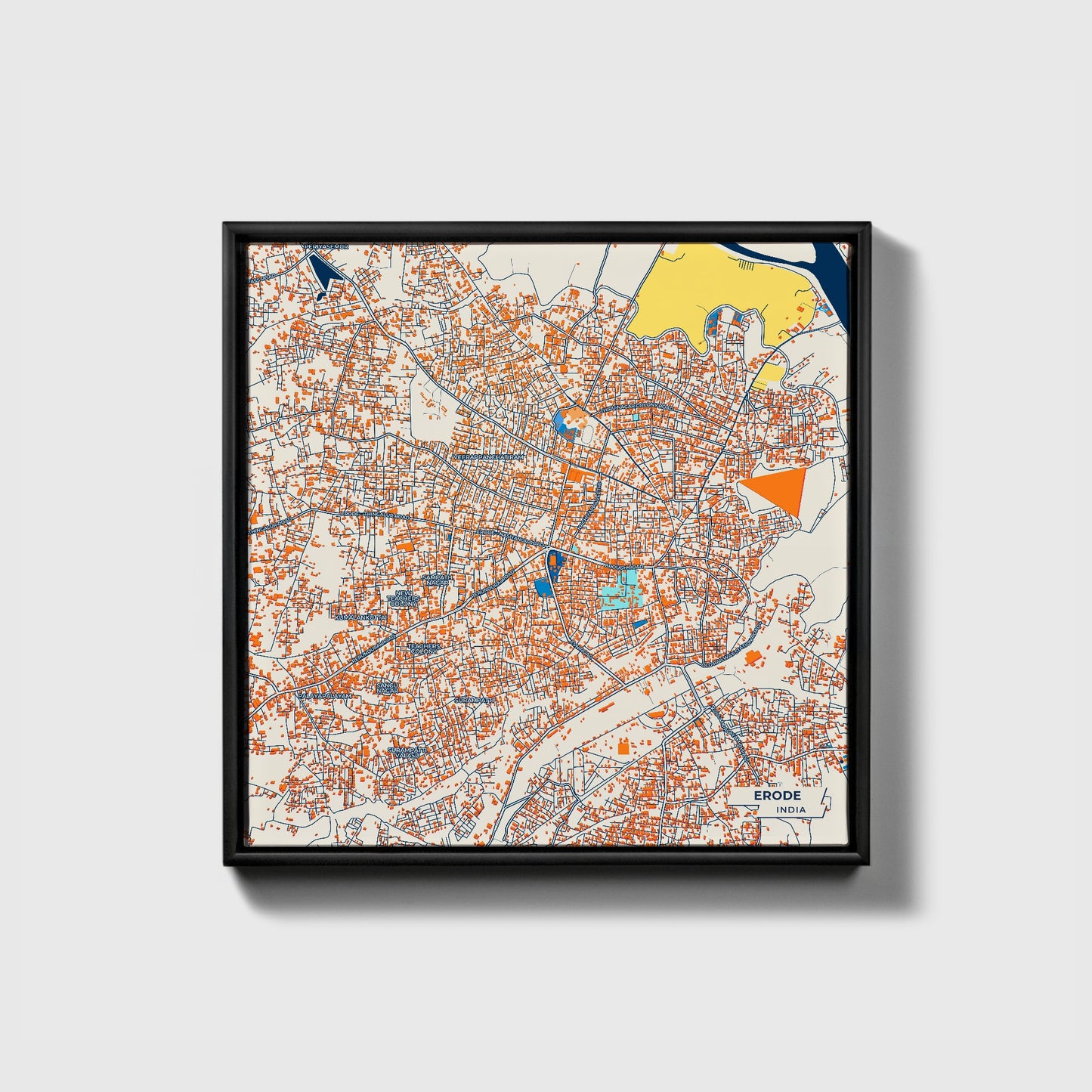 Erode India Colorful City Map Canvas Print • Black Framed