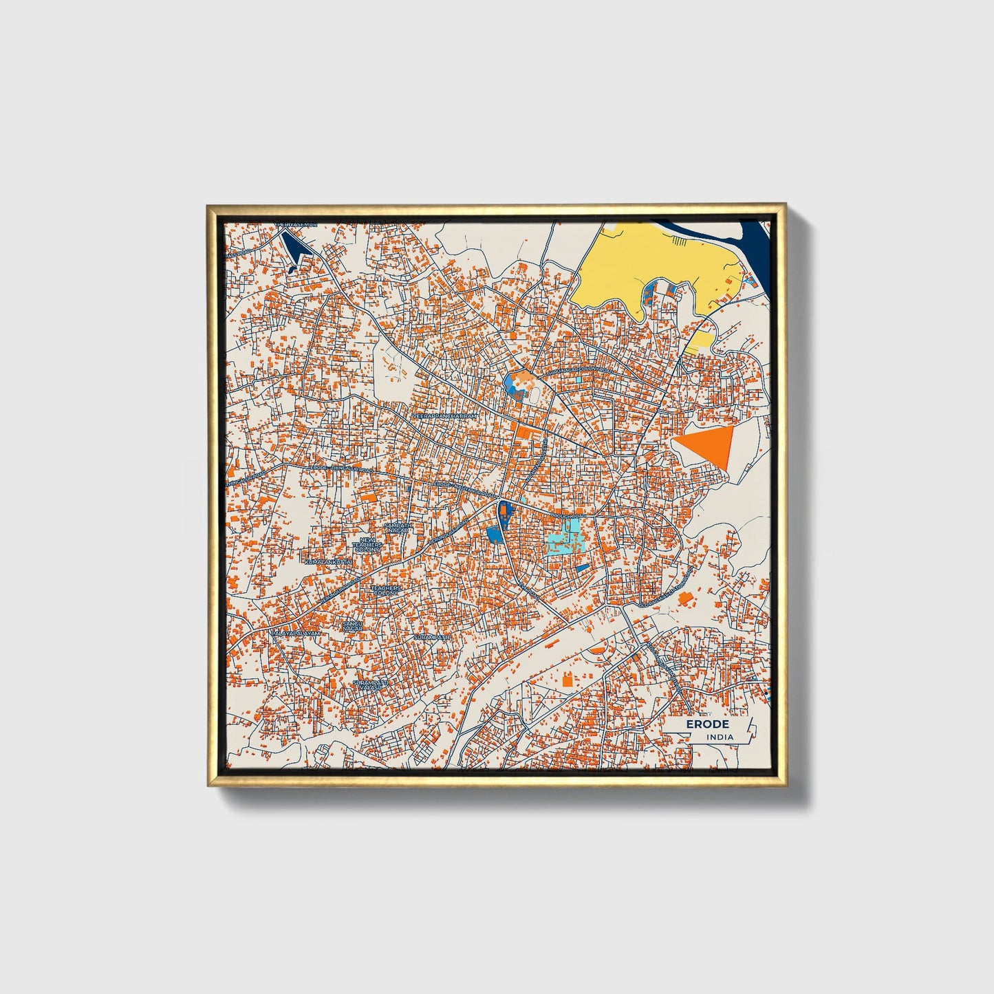 Erode India Colorful City Map Canvas Print • Gold Framed