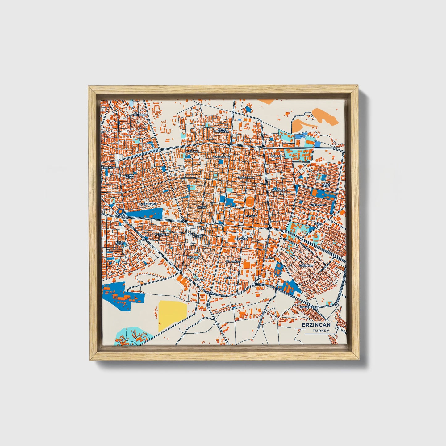 Erzi̇ncan Turkey Colorful City Map Canvas Print • Natural Wooden Framed