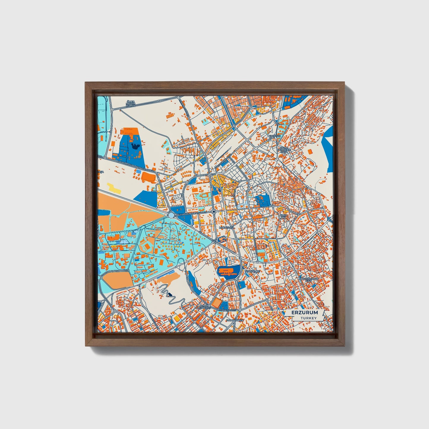 Erzurum Turkey Colorful City Map Canvas Print • Dark Wooden Framed