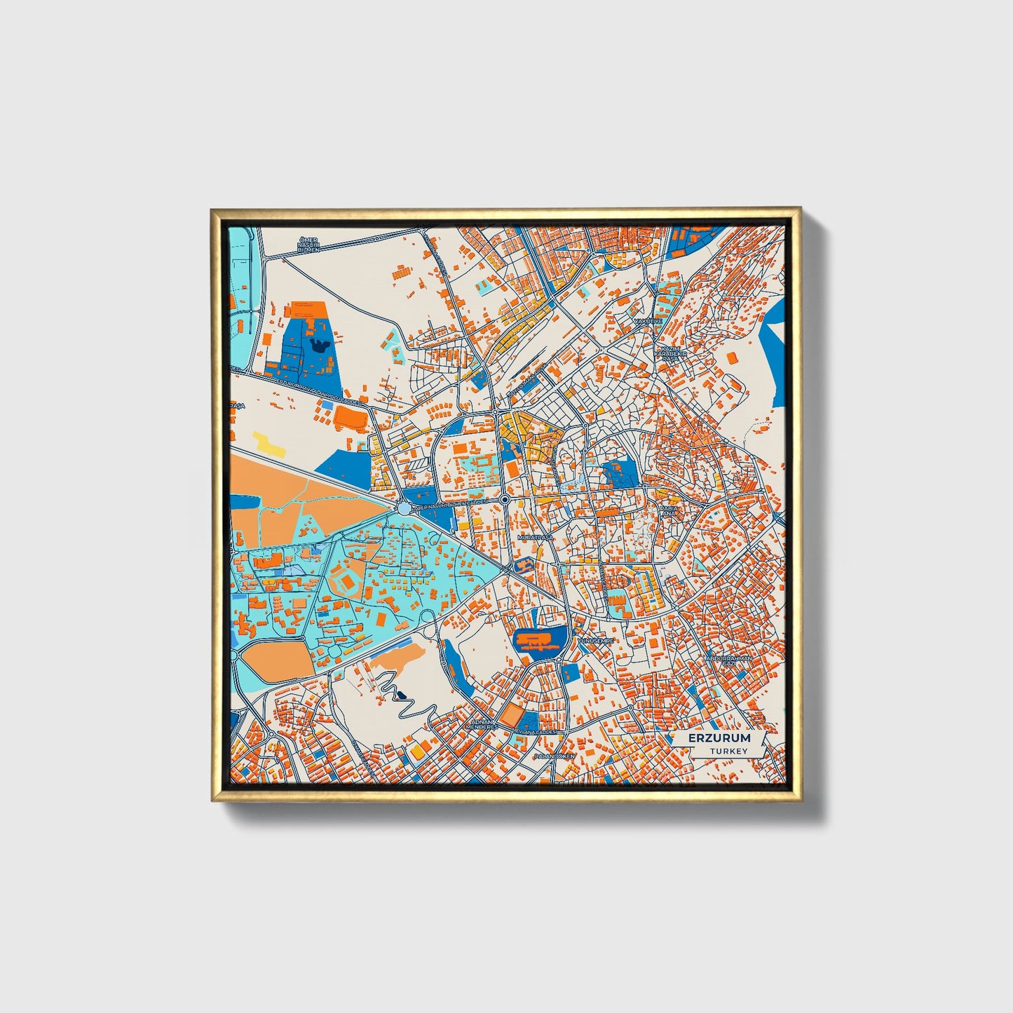 Erzurum Turkey Colorful City Map Canvas Print • Gold Framed