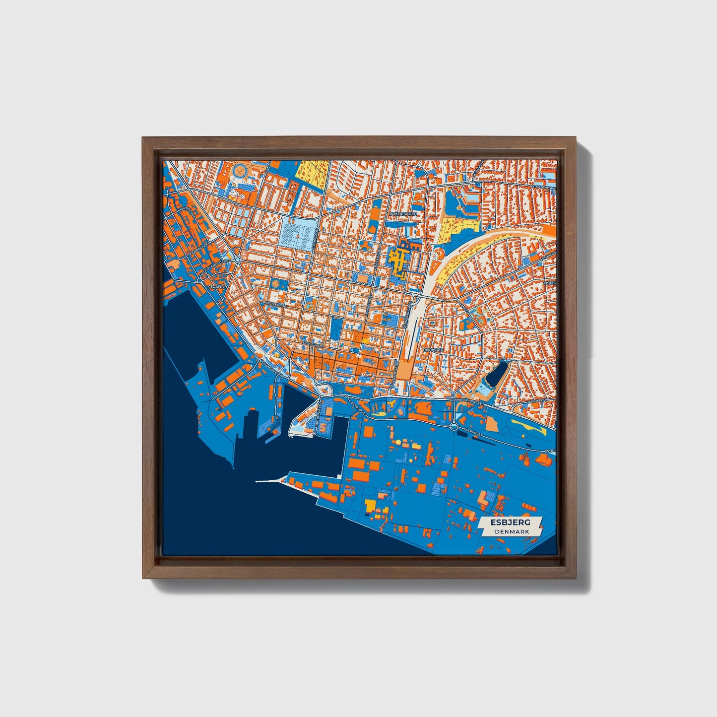 Esbjerg Denmark Colorful City Map Canvas Print • Dark Wooden Framed