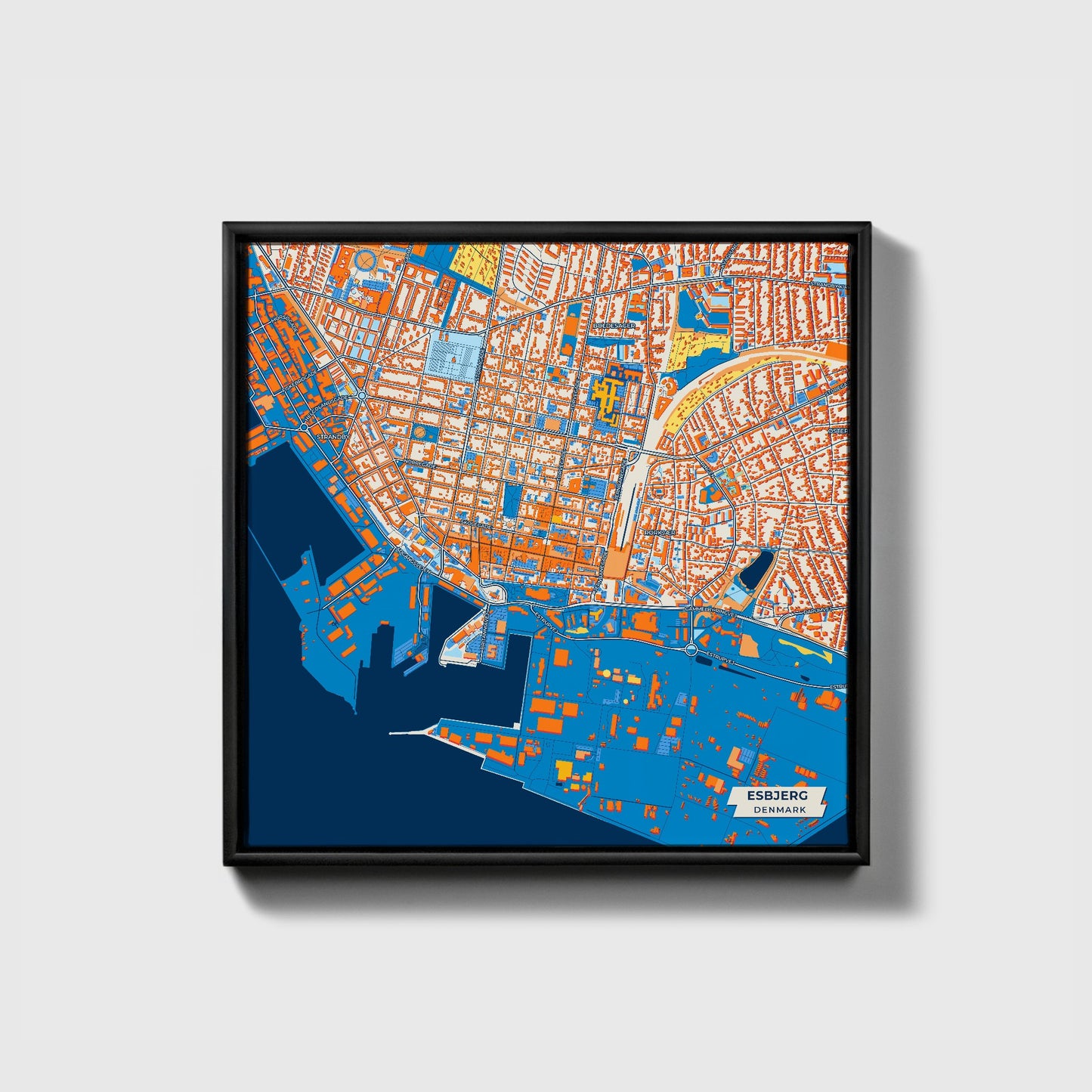 Esbjerg Denmark Colorful City Map Canvas Print • Black Framed