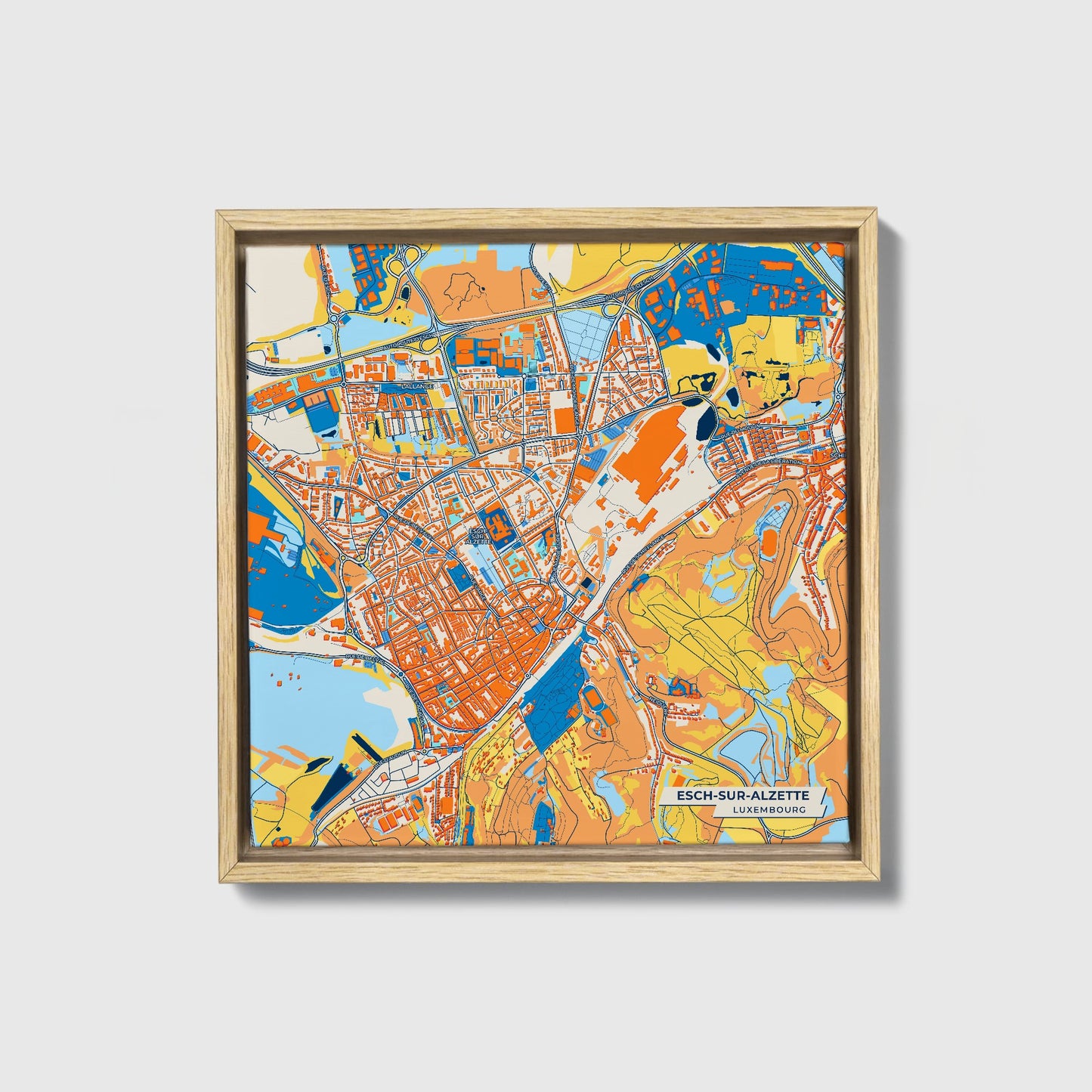 Esch-Sur-Alzette Luxembourg Colorful City Map Canvas Print • Natural Wooden Framed