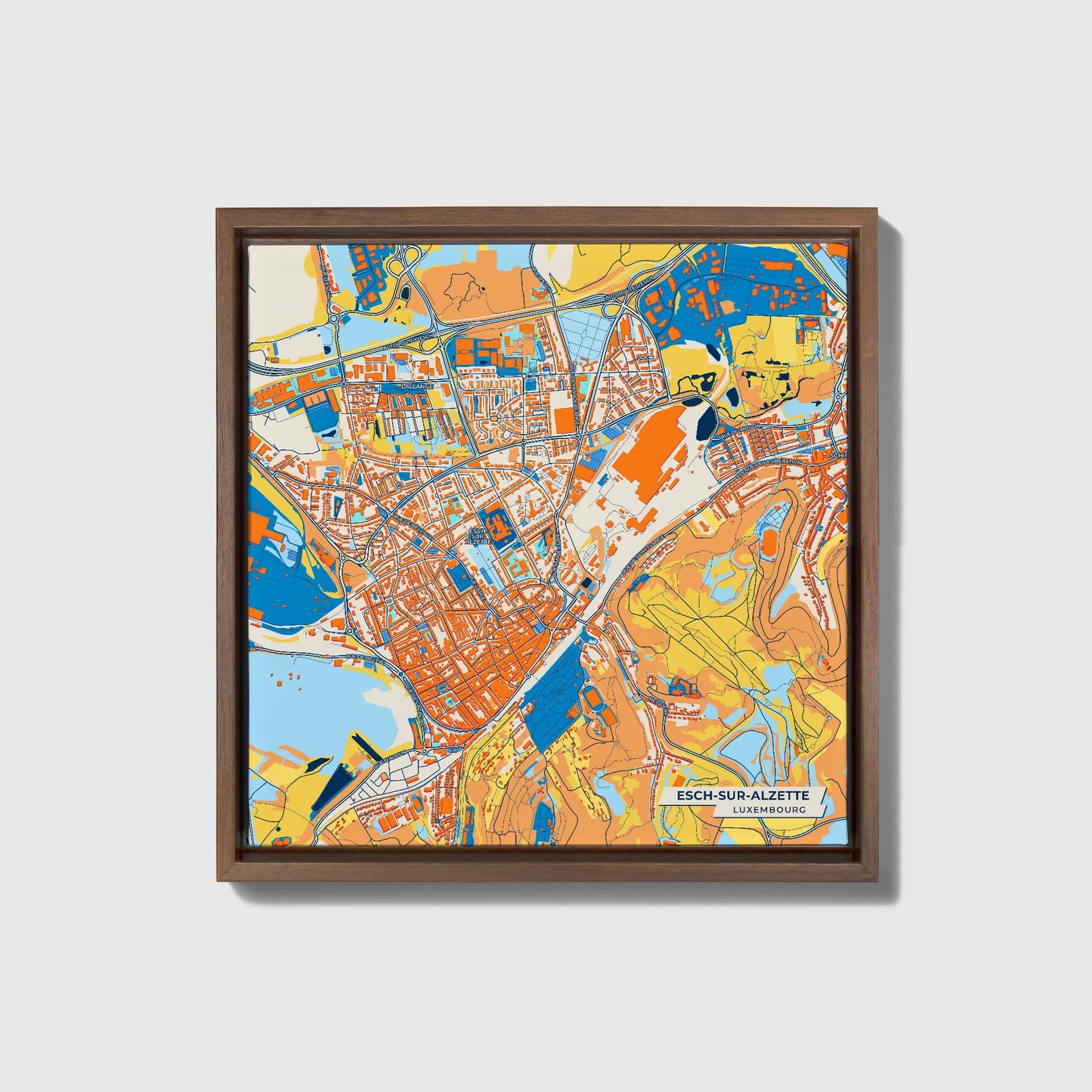 Esch-Sur-Alzette Luxembourg Colorful City Map Canvas Print • Dark Wooden Framed