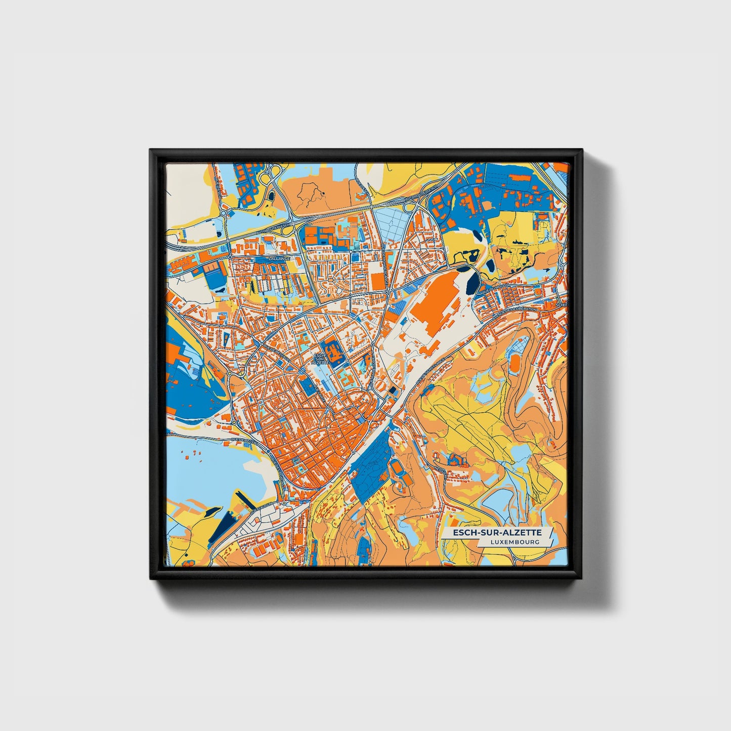 Esch-Sur-Alzette Luxembourg Colorful City Map Canvas Print • Black Framed