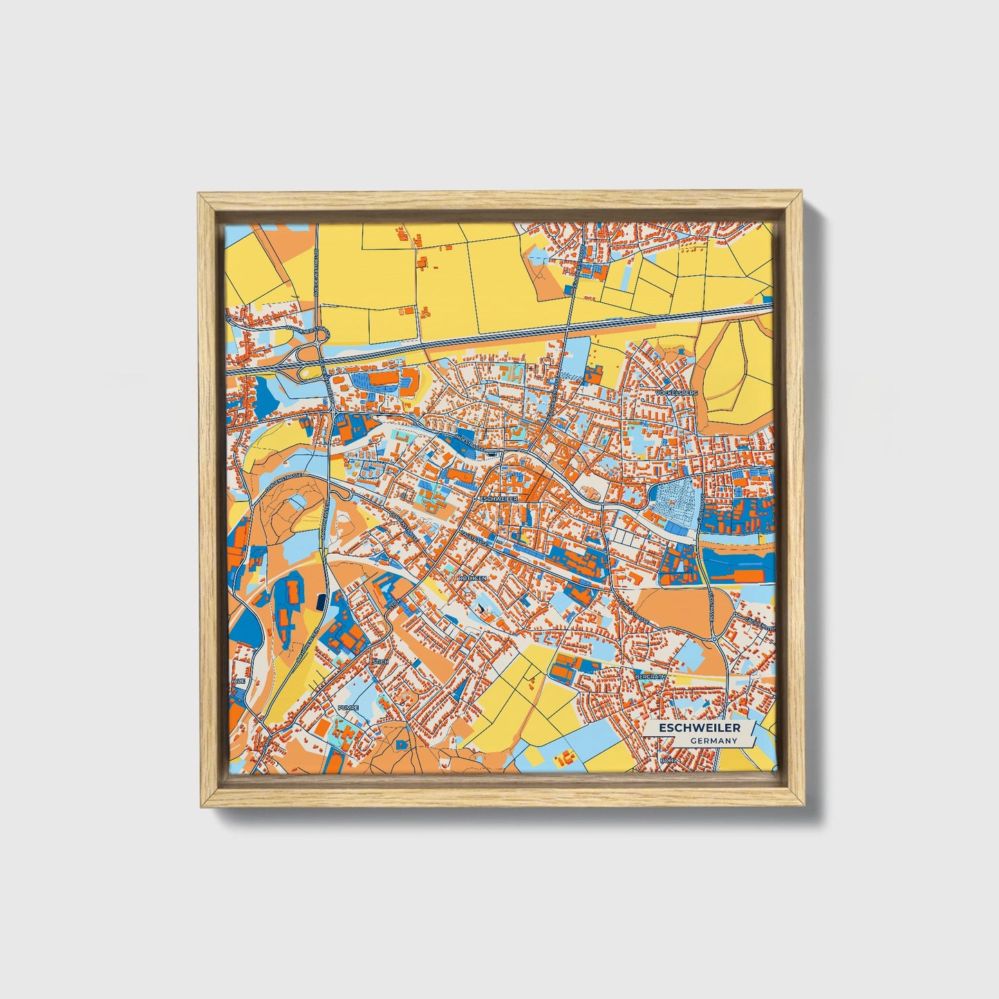 Eschweiler Germany Colorful City Map Canvas Print • Natural Wooden Framed