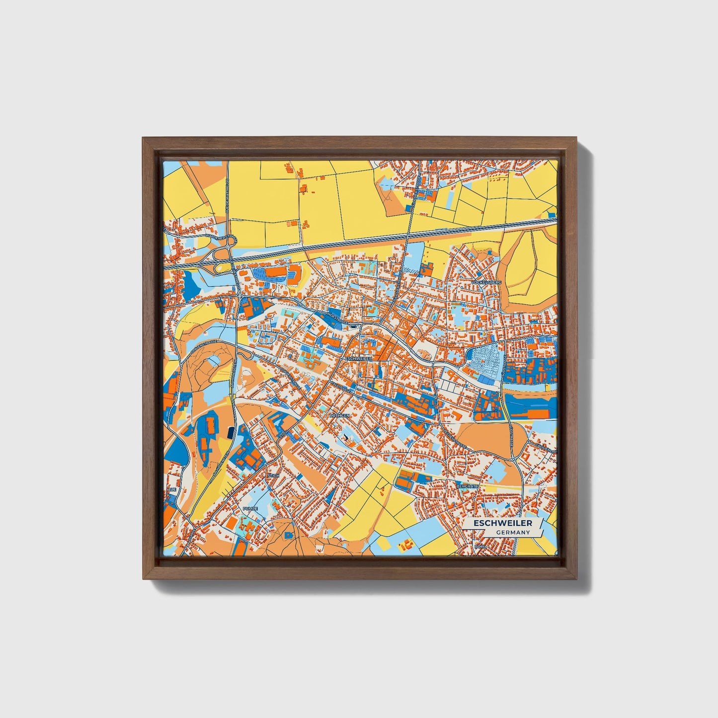 Eschweiler Germany Colorful City Map Canvas Print • Dark Wooden Framed