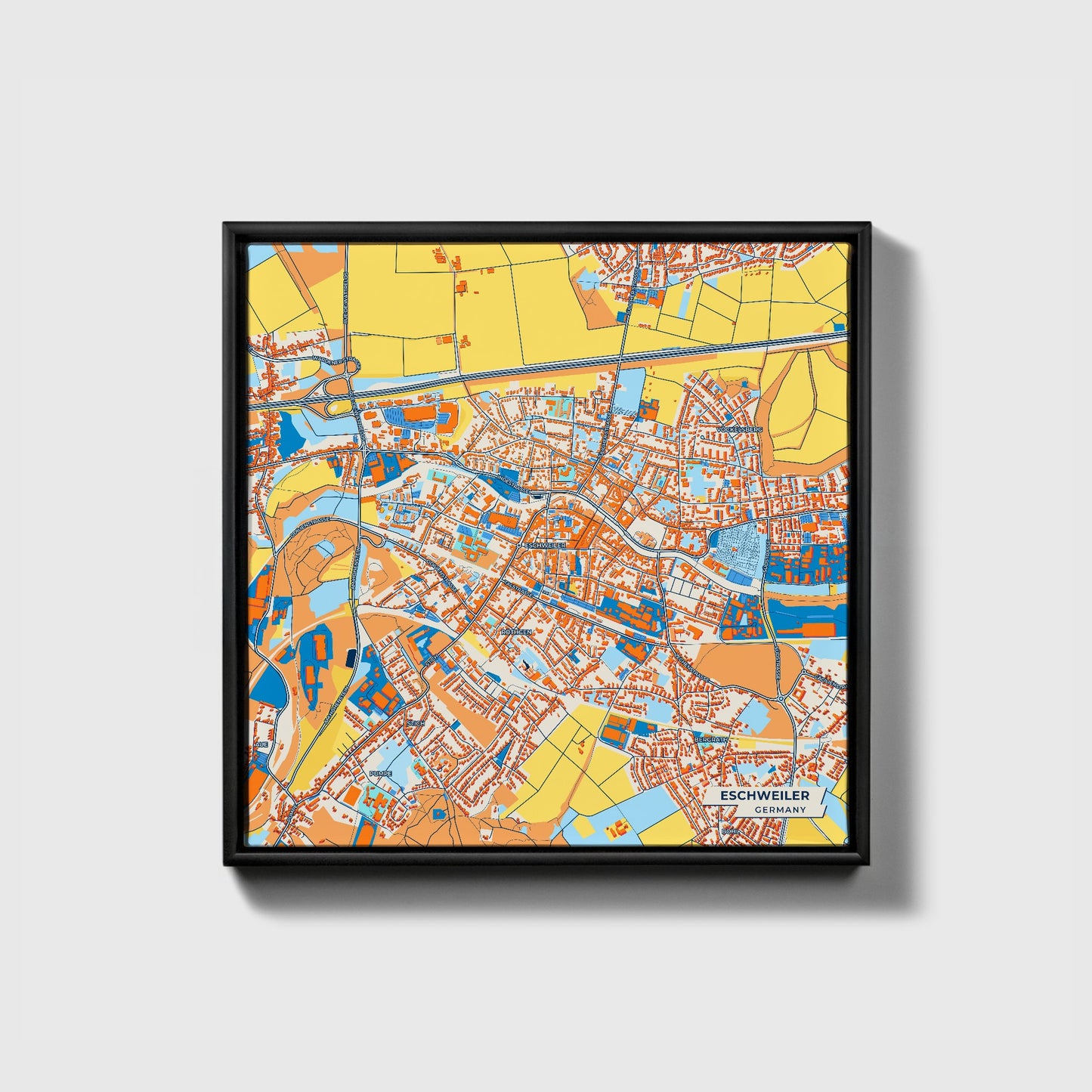 Eschweiler Germany Colorful City Map Canvas Print • Black Framed