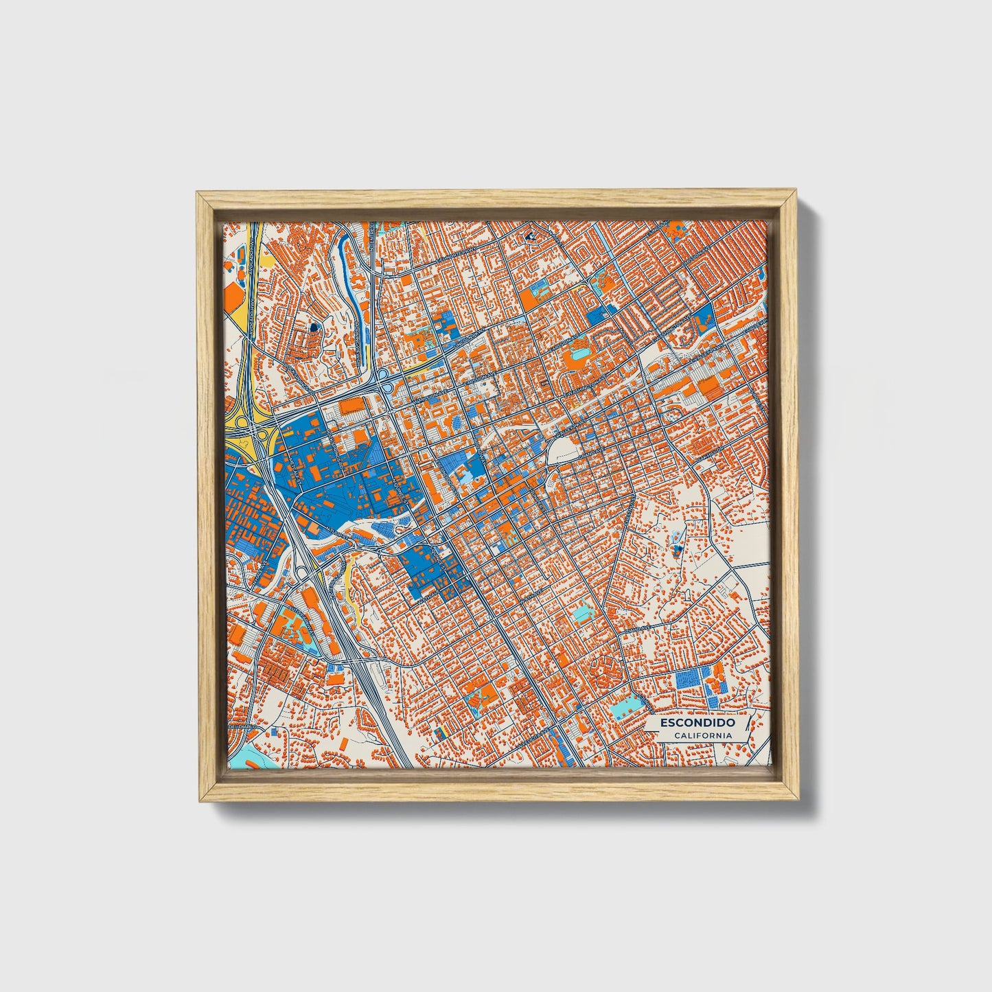 Escondido California Colorful City Map Canvas Print • Natural Wooden Framed