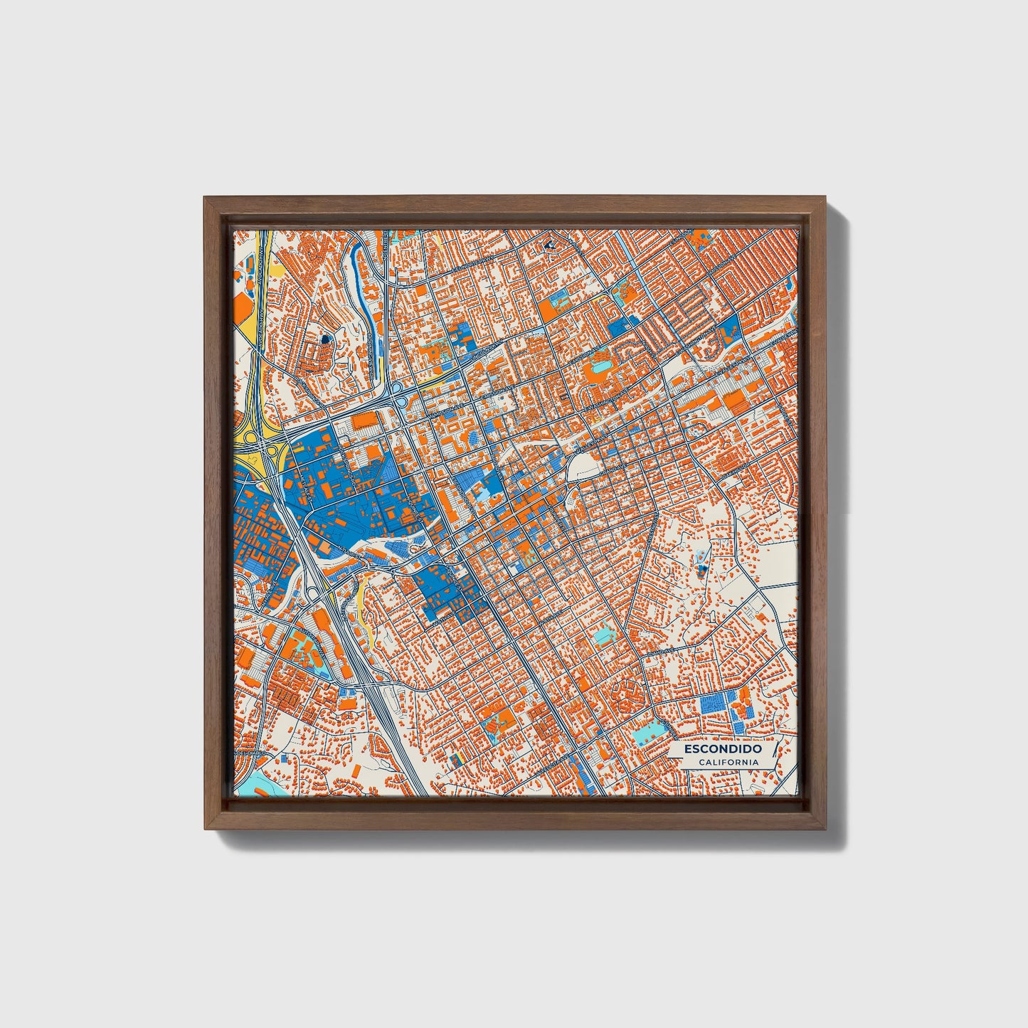 Escondido California Colorful City Map Canvas Print • Dark Wooden Framed