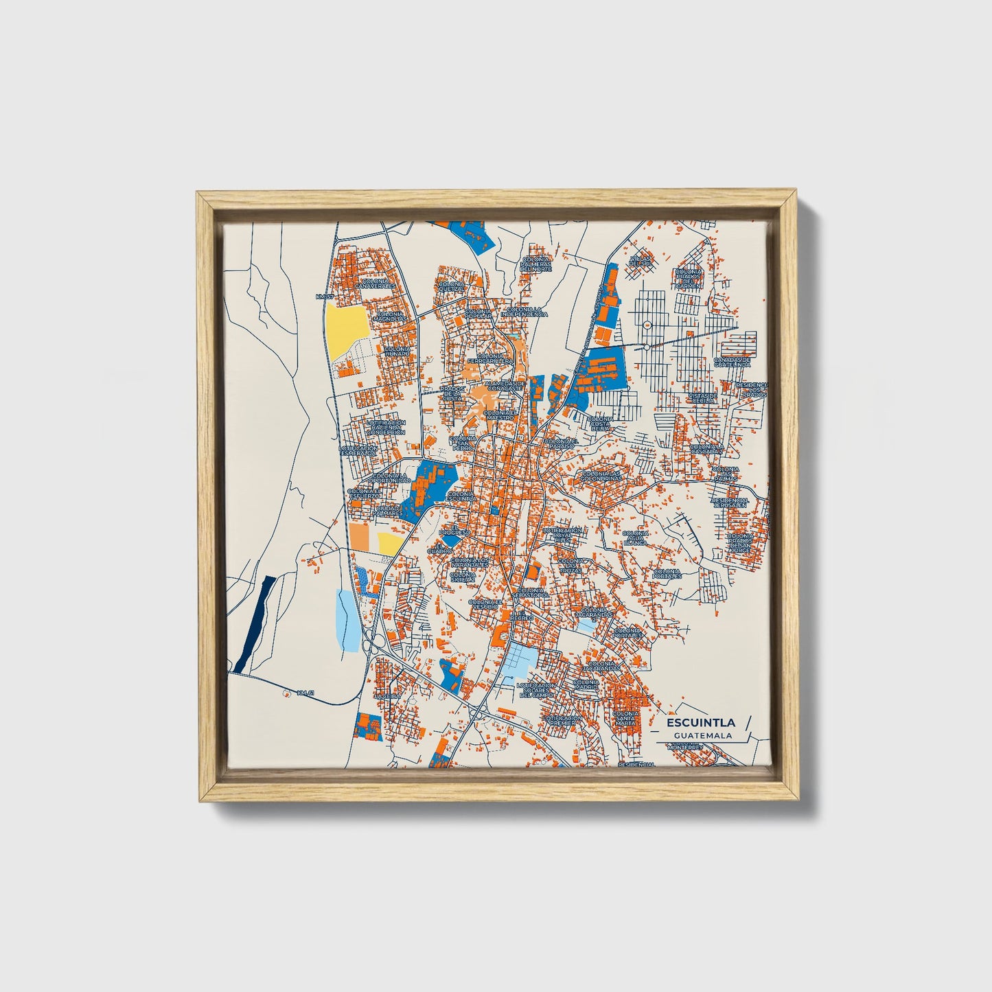 Escuintla Guatemala Colorful City Map Canvas Print • Natural Wooden Framed