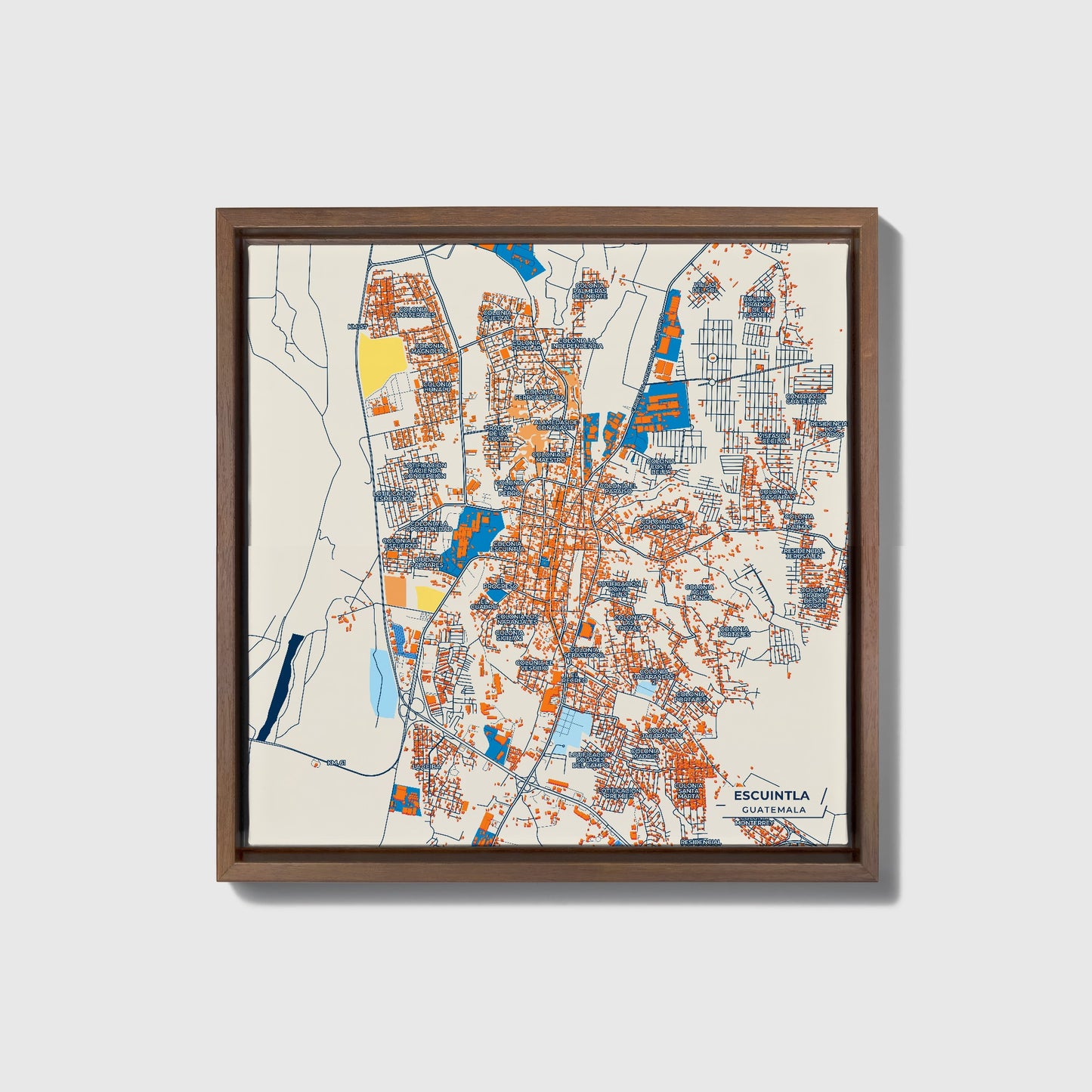 Escuintla Guatemala Colorful City Map Canvas Print • Dark Wooden Framed
