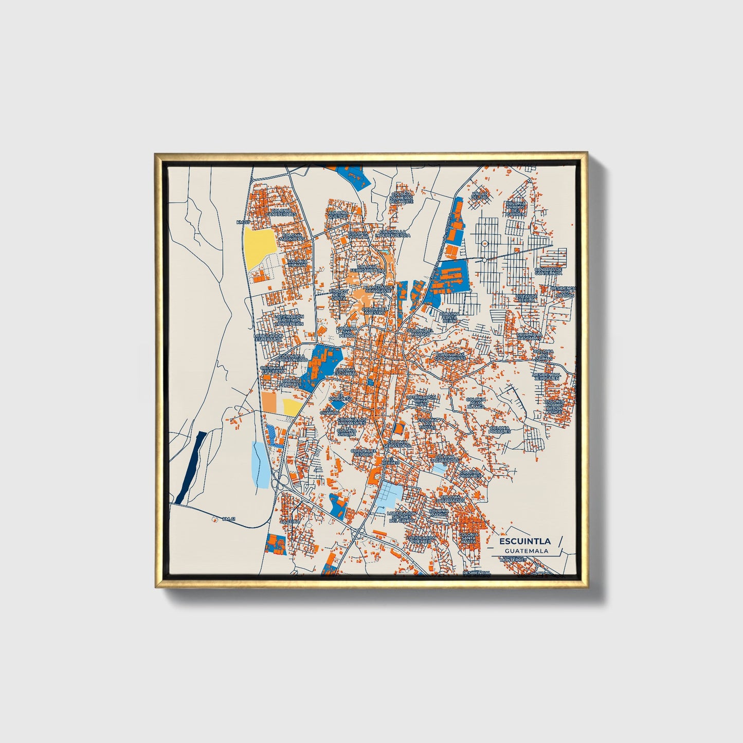 Escuintla Guatemala Colorful City Map Canvas Print • Gold Framed