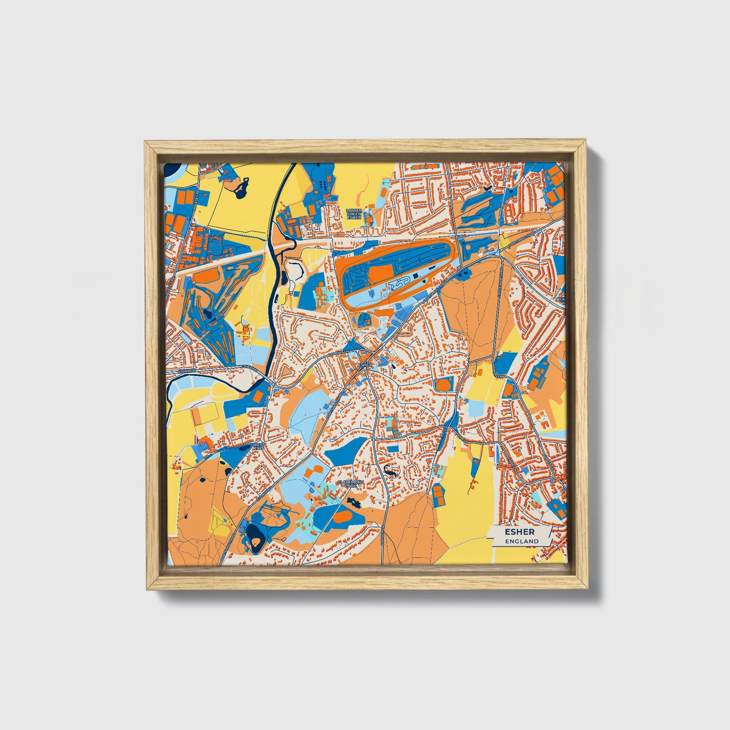 Esher England Colorful City Map Canvas Print • Natural Wooden Framed