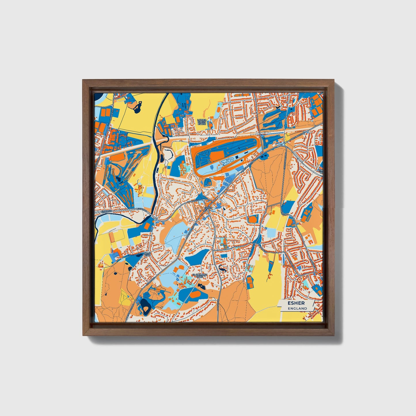 Esher England Colorful City Map Canvas Print • Dark Wooden Framed