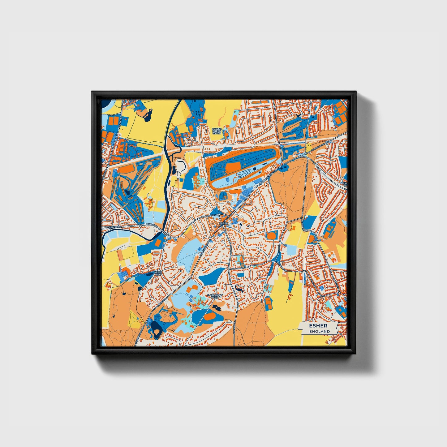 Esher England Colorful City Map Canvas Print • Black Framed