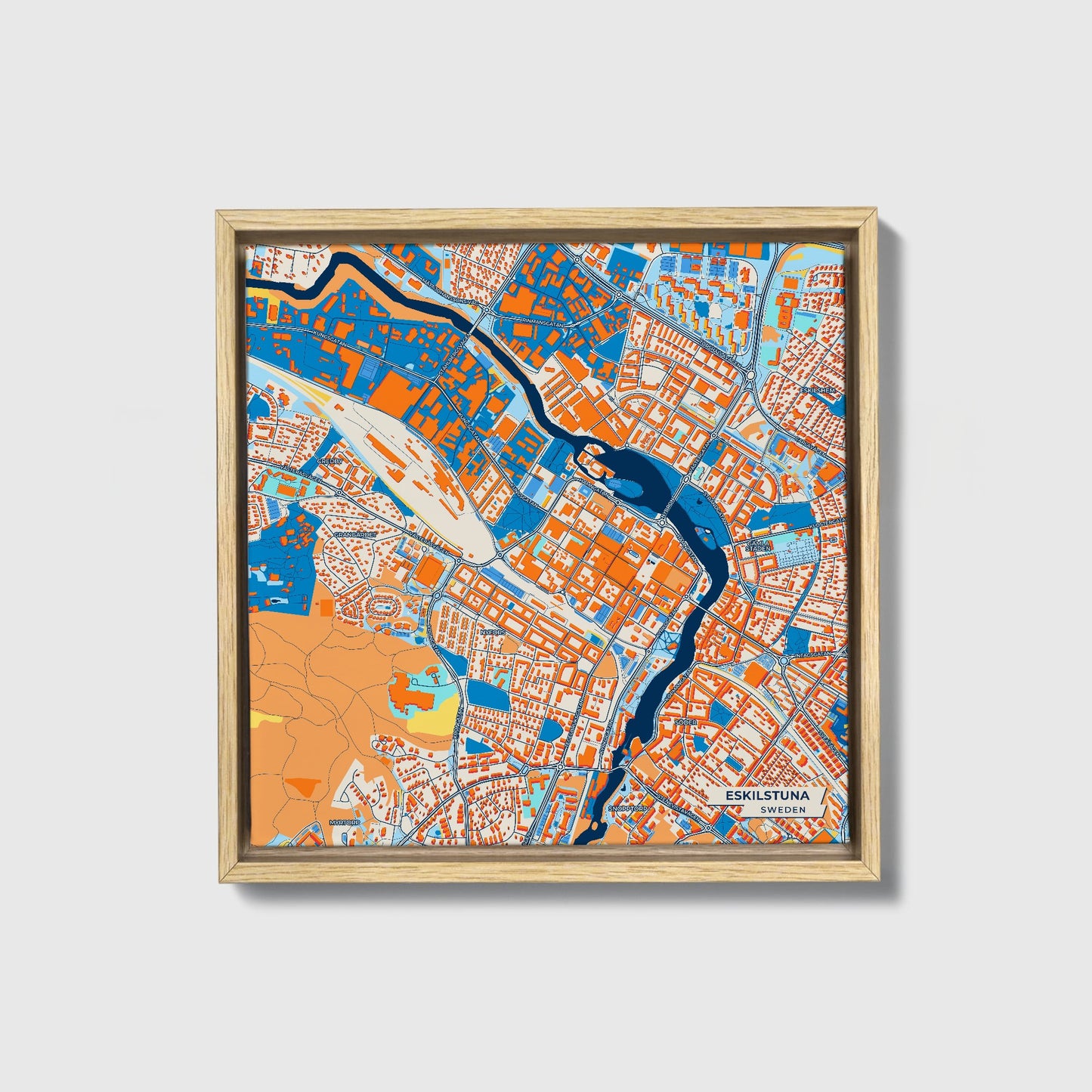 Eskilstuna Sweden Colorful City Map Canvas Print • Natural Wooden Framed