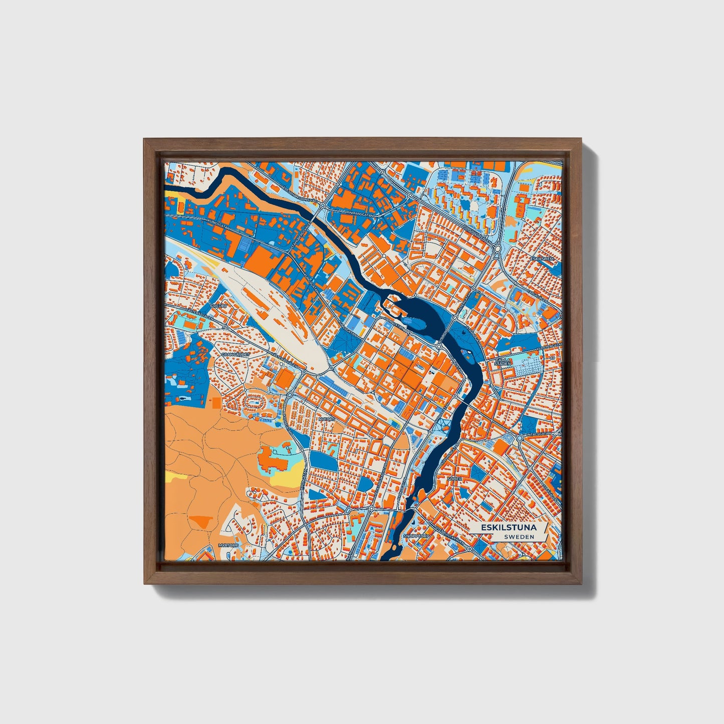 Eskilstuna Sweden Colorful City Map Canvas Print • Dark Wooden Framed