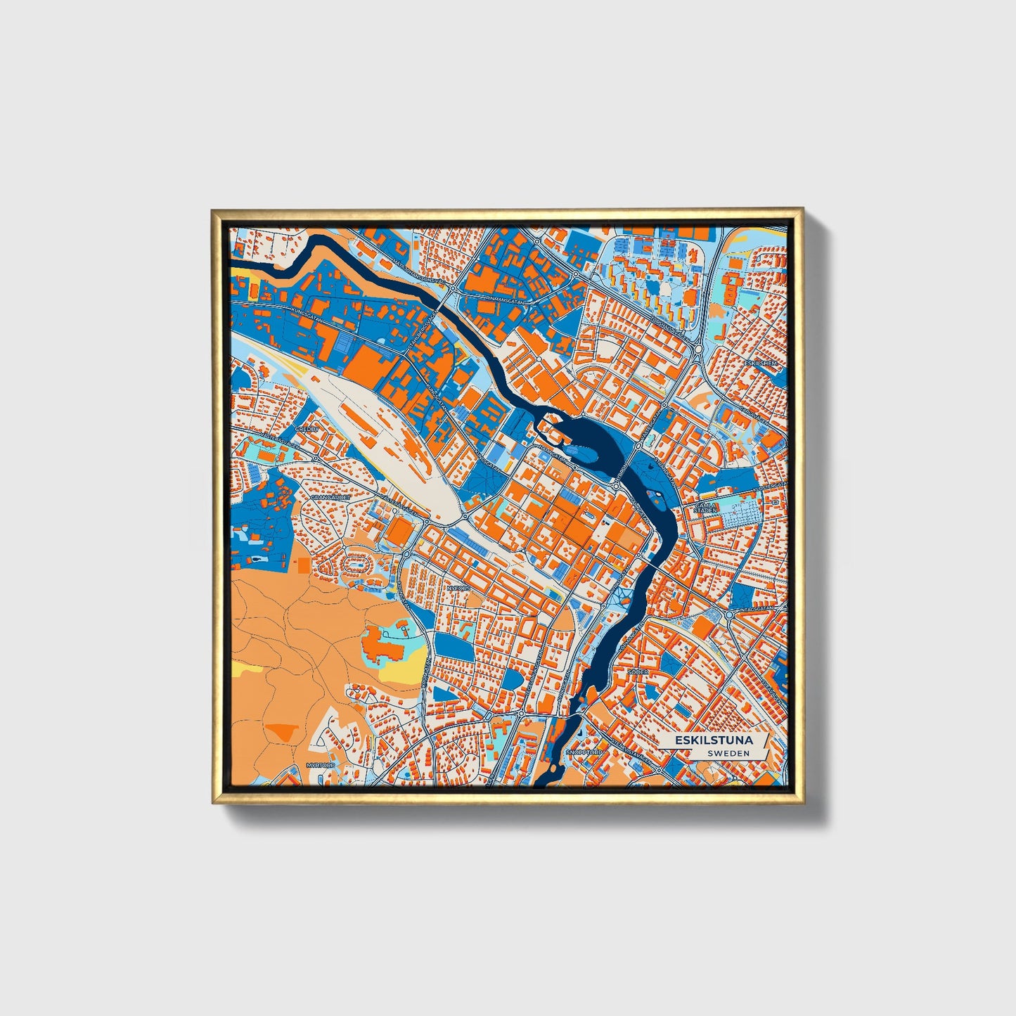 Eskilstuna Sweden Colorful City Map Canvas Print • Gold Framed