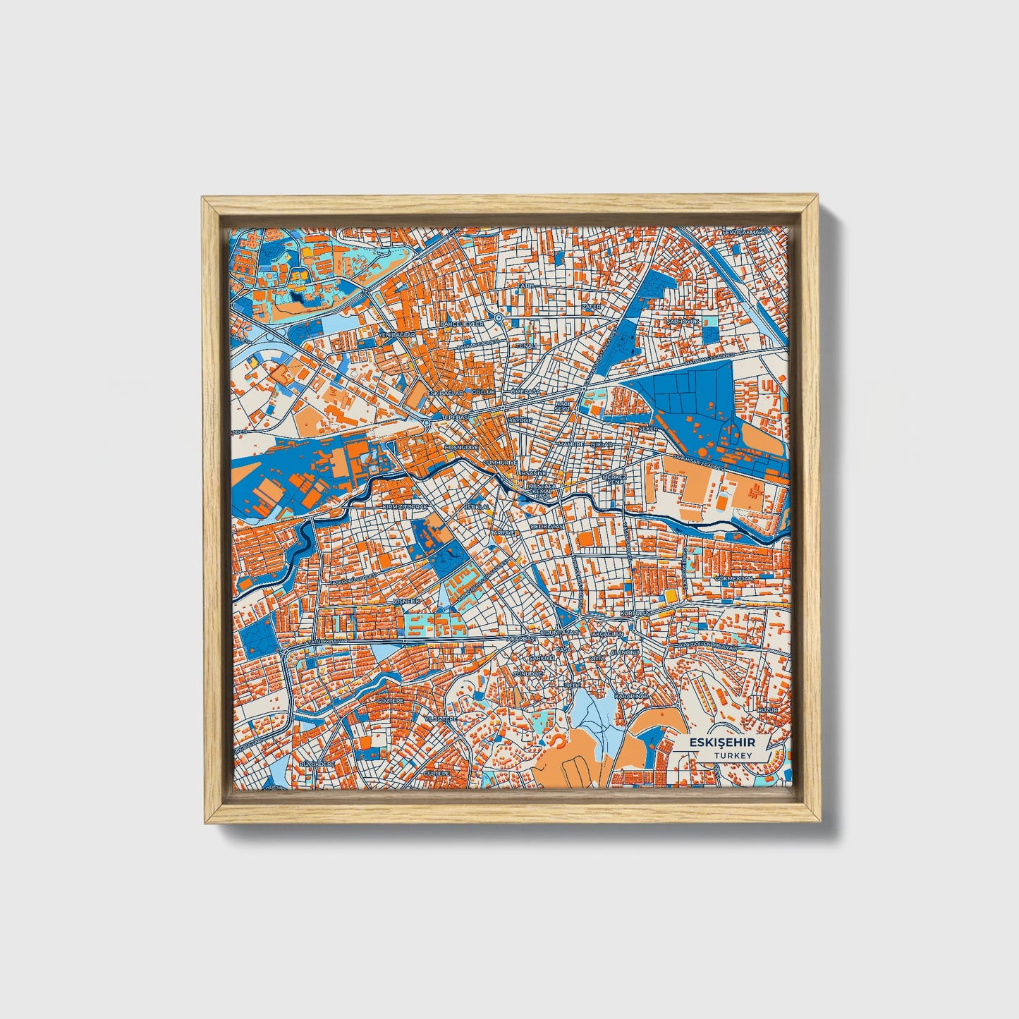 Eski̇şehi̇r Turkey Colorful City Map Canvas Print • Natural Wooden Framed