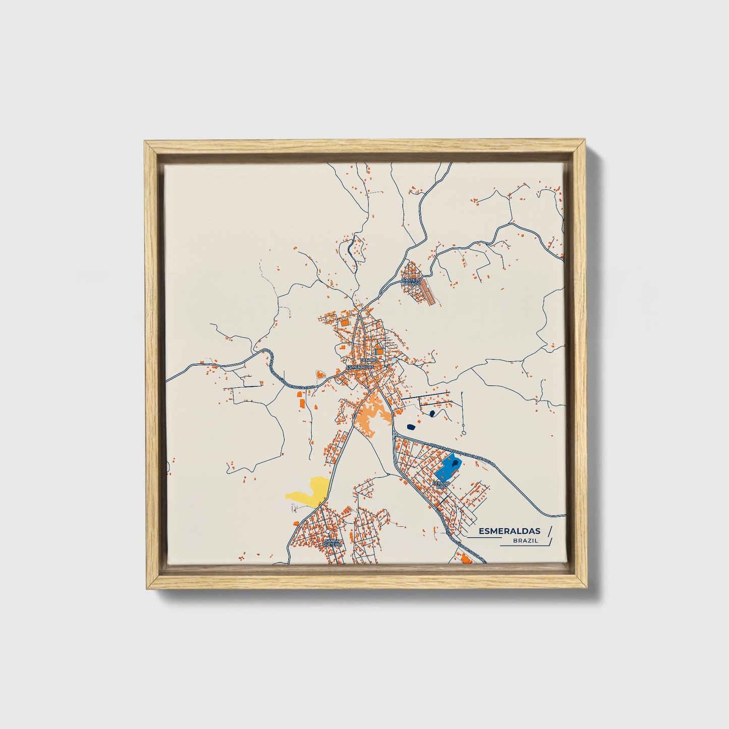 Esmeraldas Brazil Colorful City Map Canvas Print • Natural Wooden Framed
