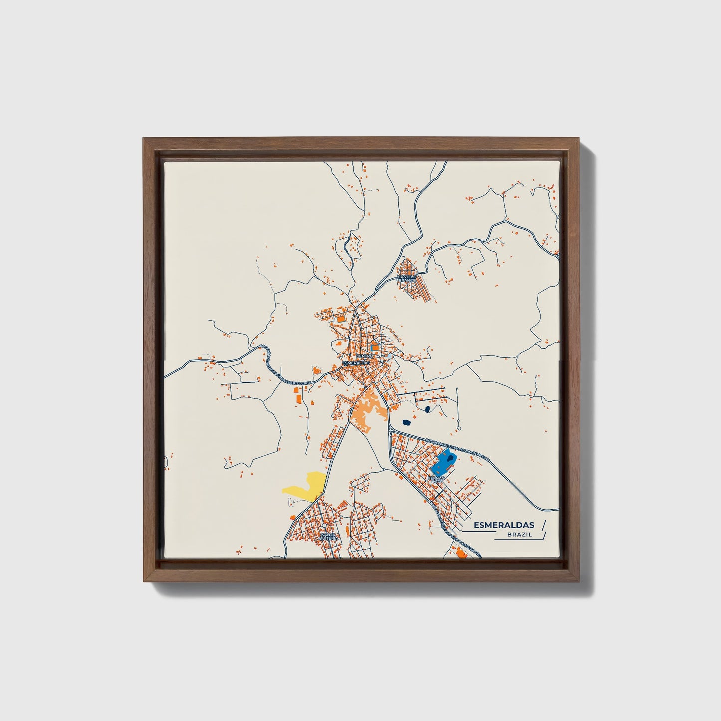 Esmeraldas Brazil Colorful City Map Canvas Print • Dark Wooden Framed