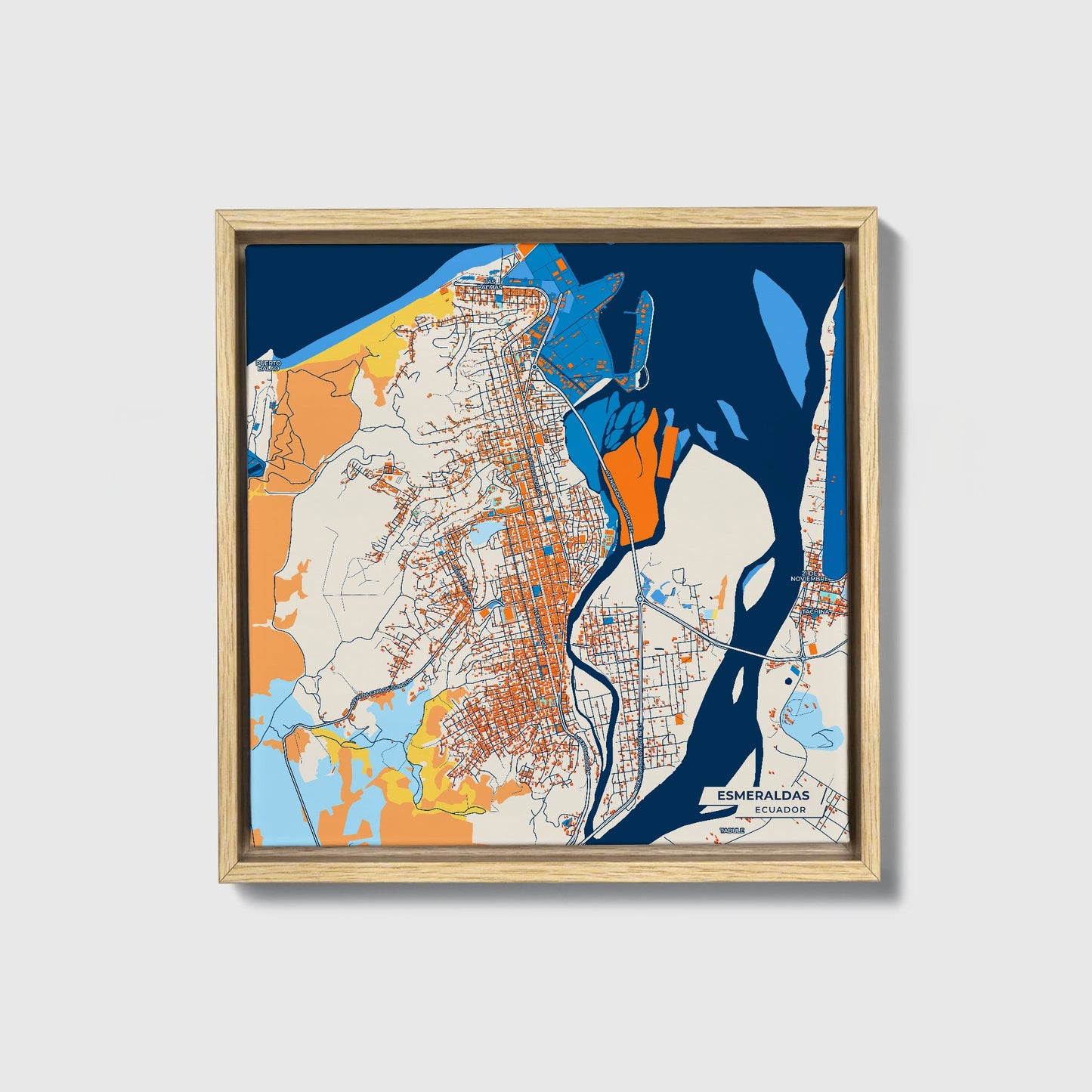 Esmeraldas Ecuador Colorful City Map Canvas Print • Natural Wooden Framed