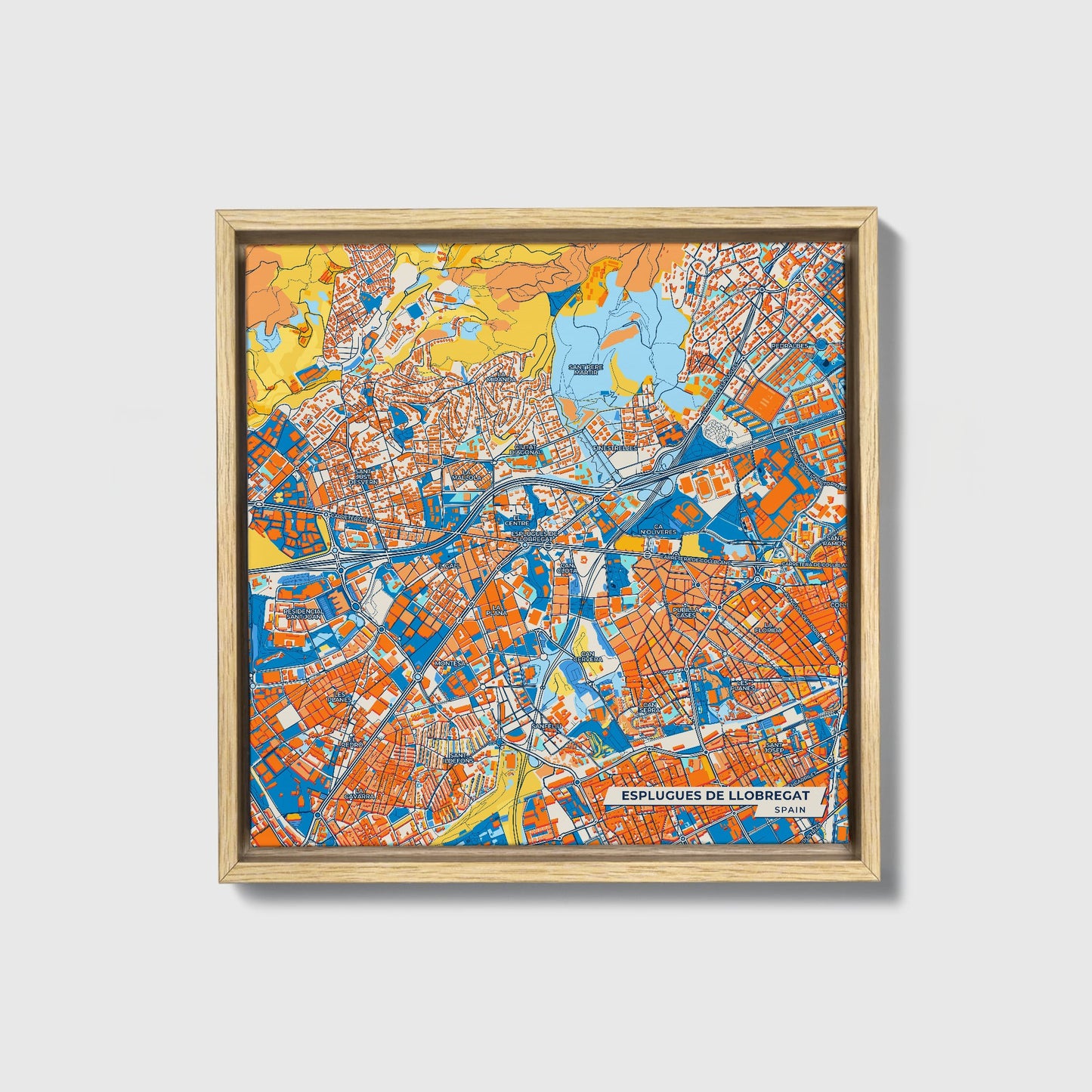 Esplugues De Llobregat Spain Colorful City Map Canvas Print • Natural Wooden Framed