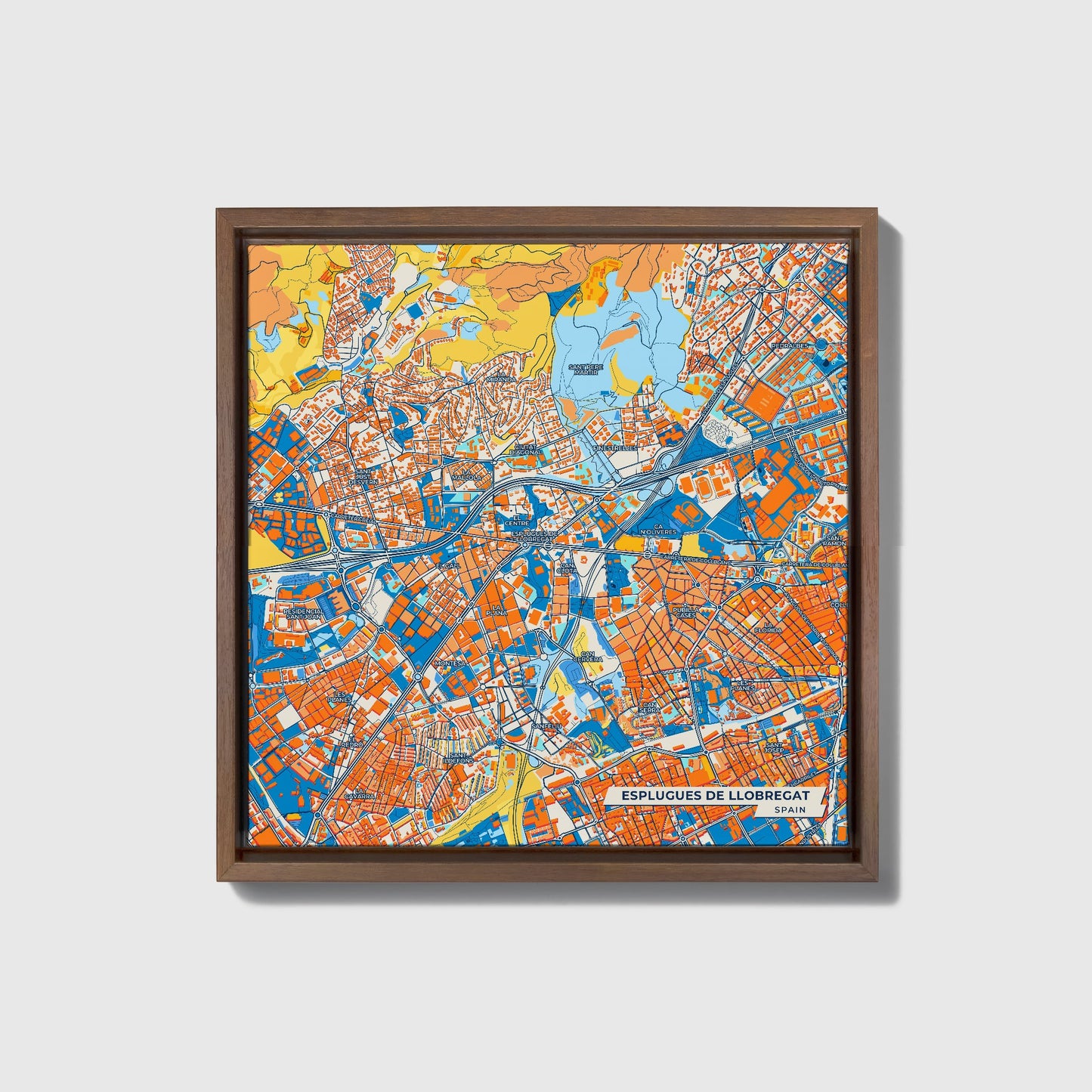 Esplugues De Llobregat Spain Colorful City Map Canvas Print • Dark Wooden Framed