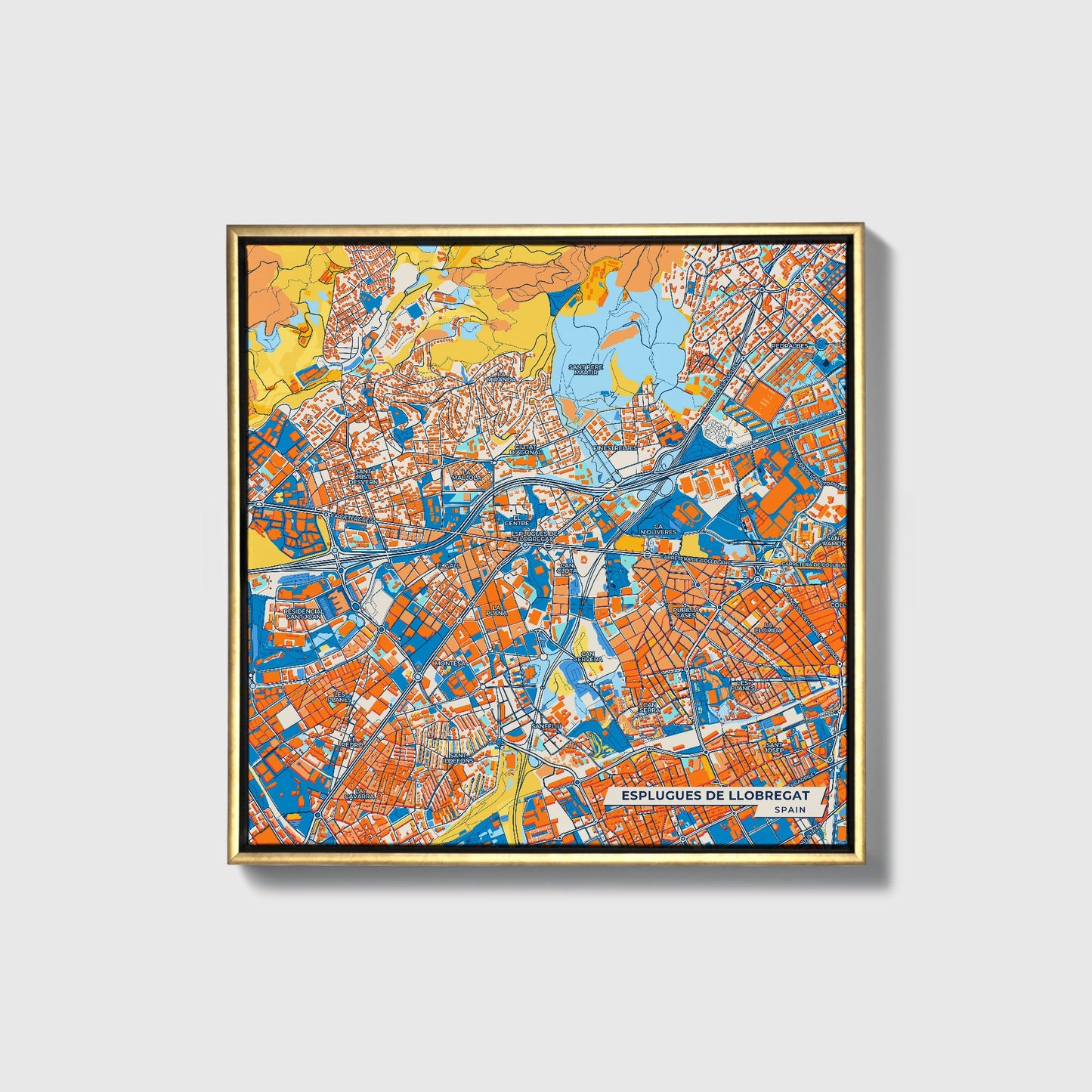 Esplugues De Llobregat Spain Colorful City Map Canvas Print • Gold Framed