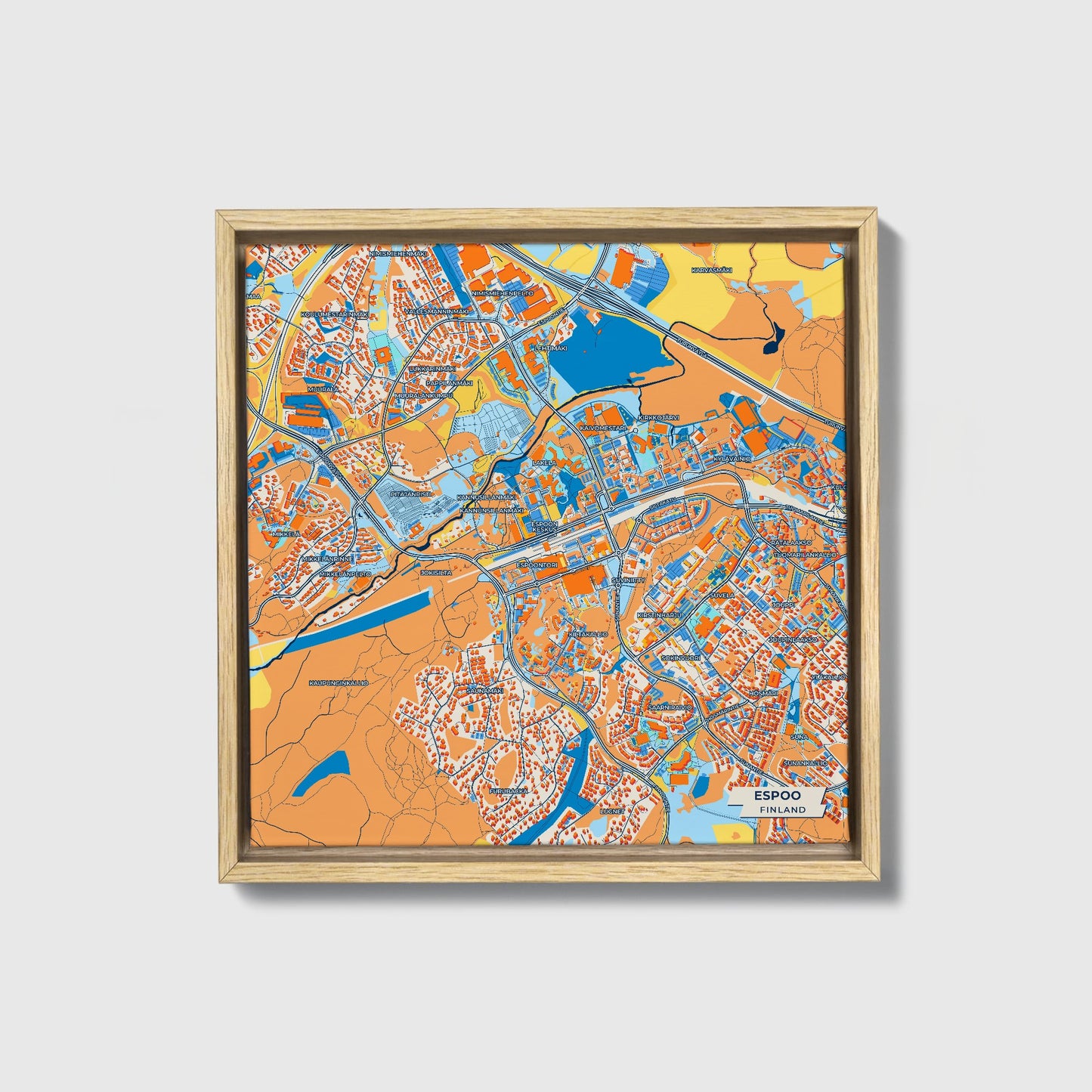 Espoo Finland Colorful City Map Canvas Print • Natural Wooden Framed