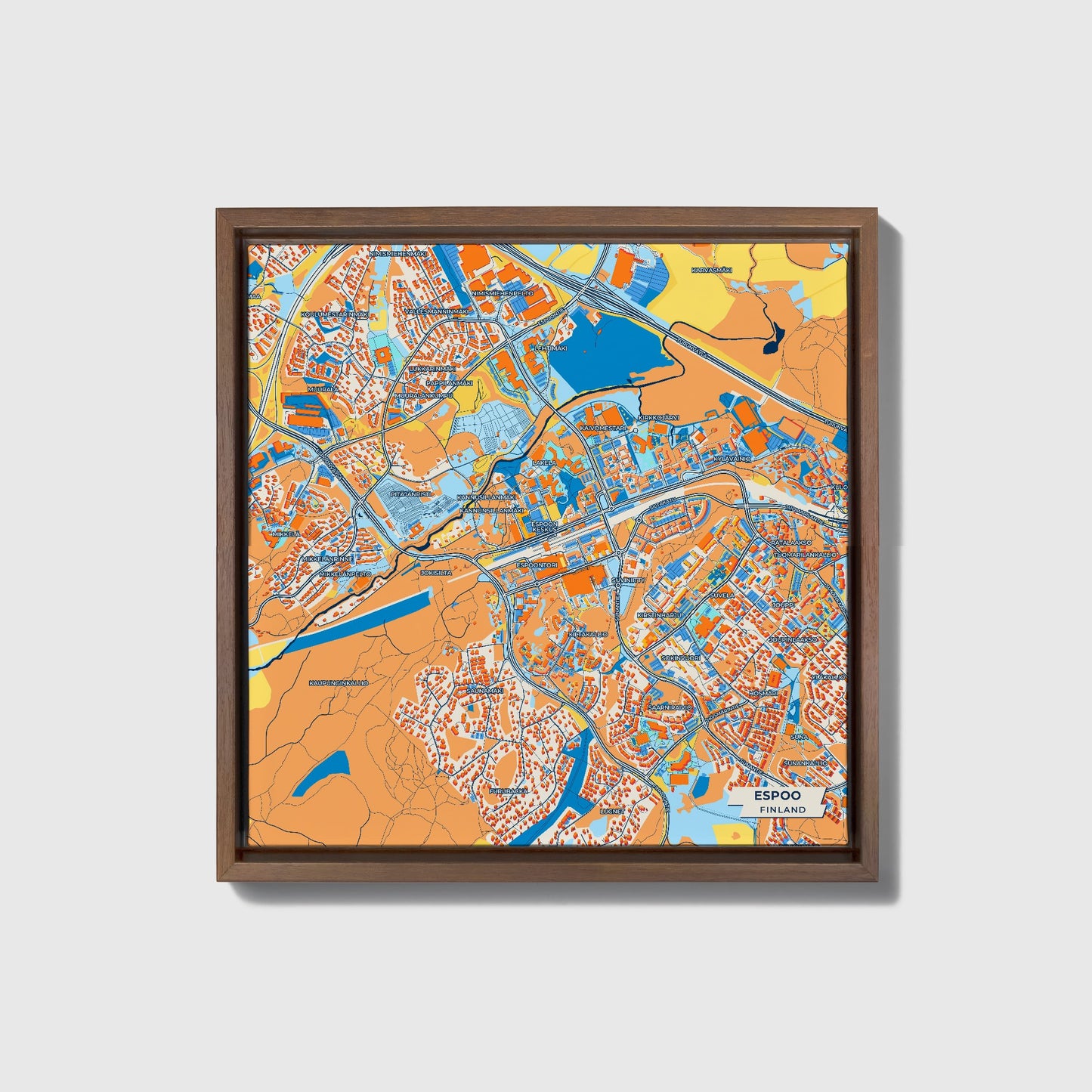 Espoo Finland Colorful City Map Canvas Print • Dark Wooden Framed