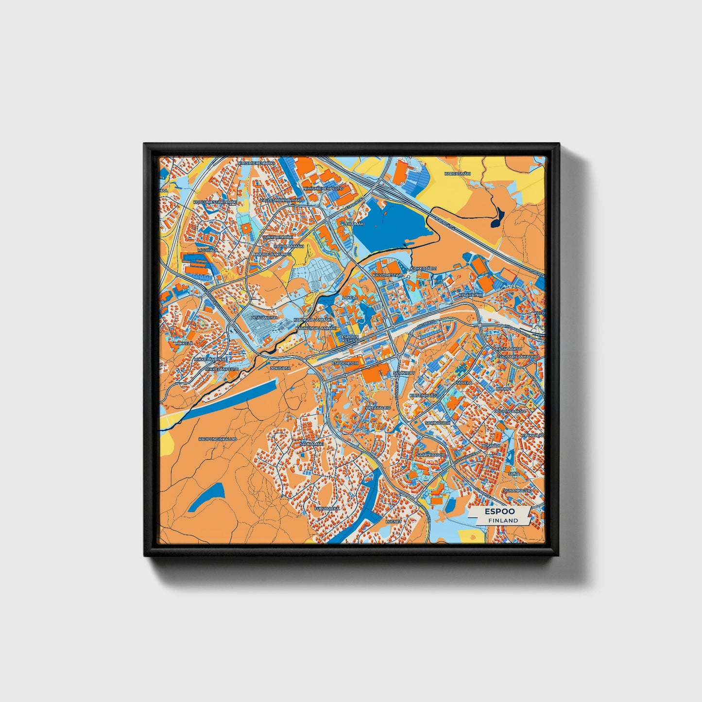 Espoo Finland Colorful City Map Canvas Print • Black Framed