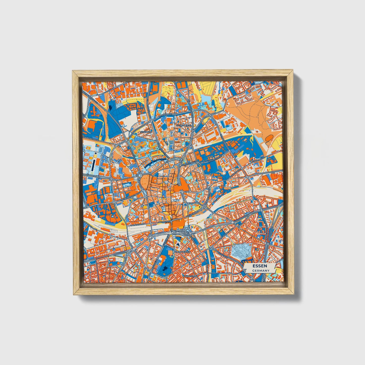 Essen Germany Colorful City Map Canvas Print • Natural Wooden Framed