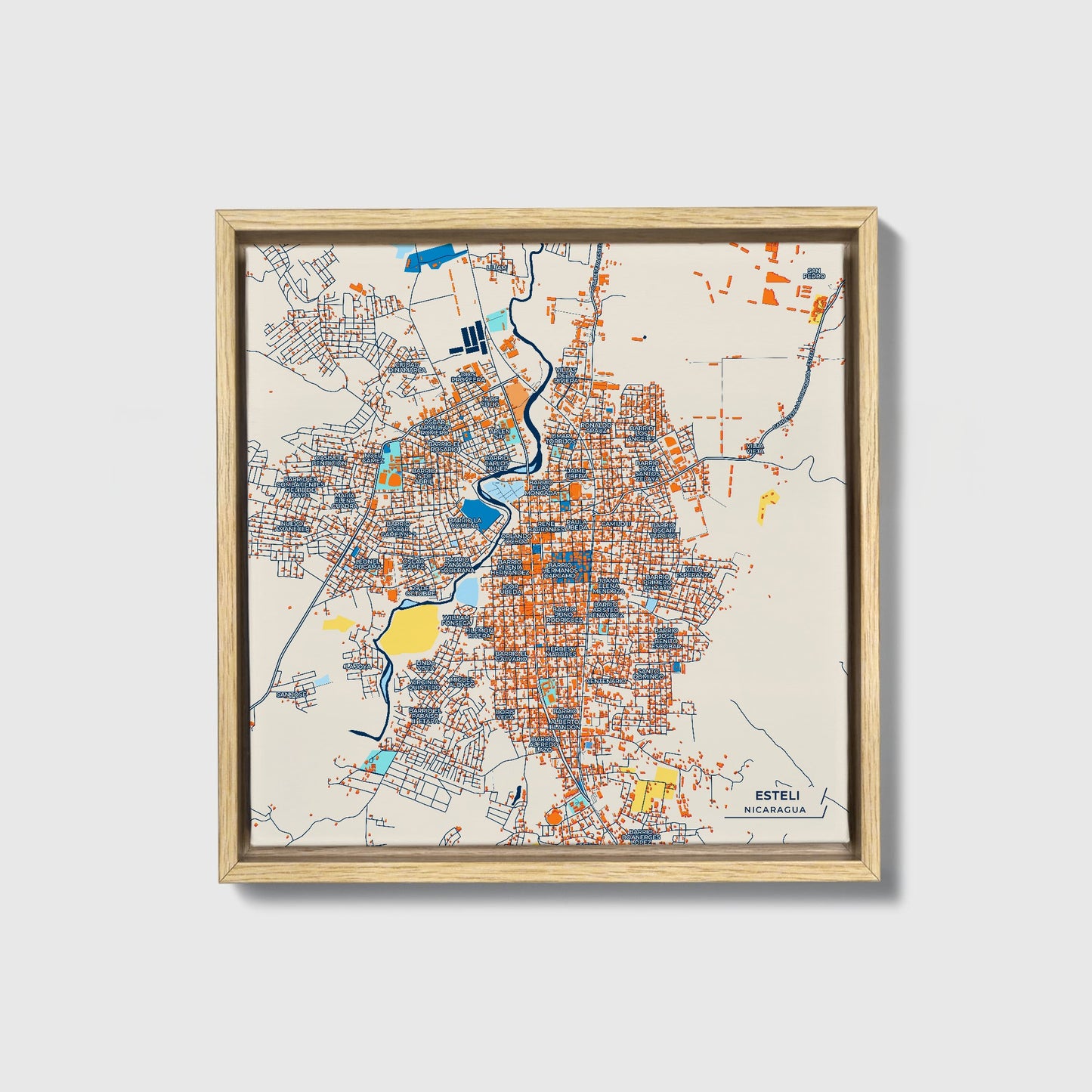 Esteli Nicaragua Colorful City Map Canvas Print • Natural Wooden Framed